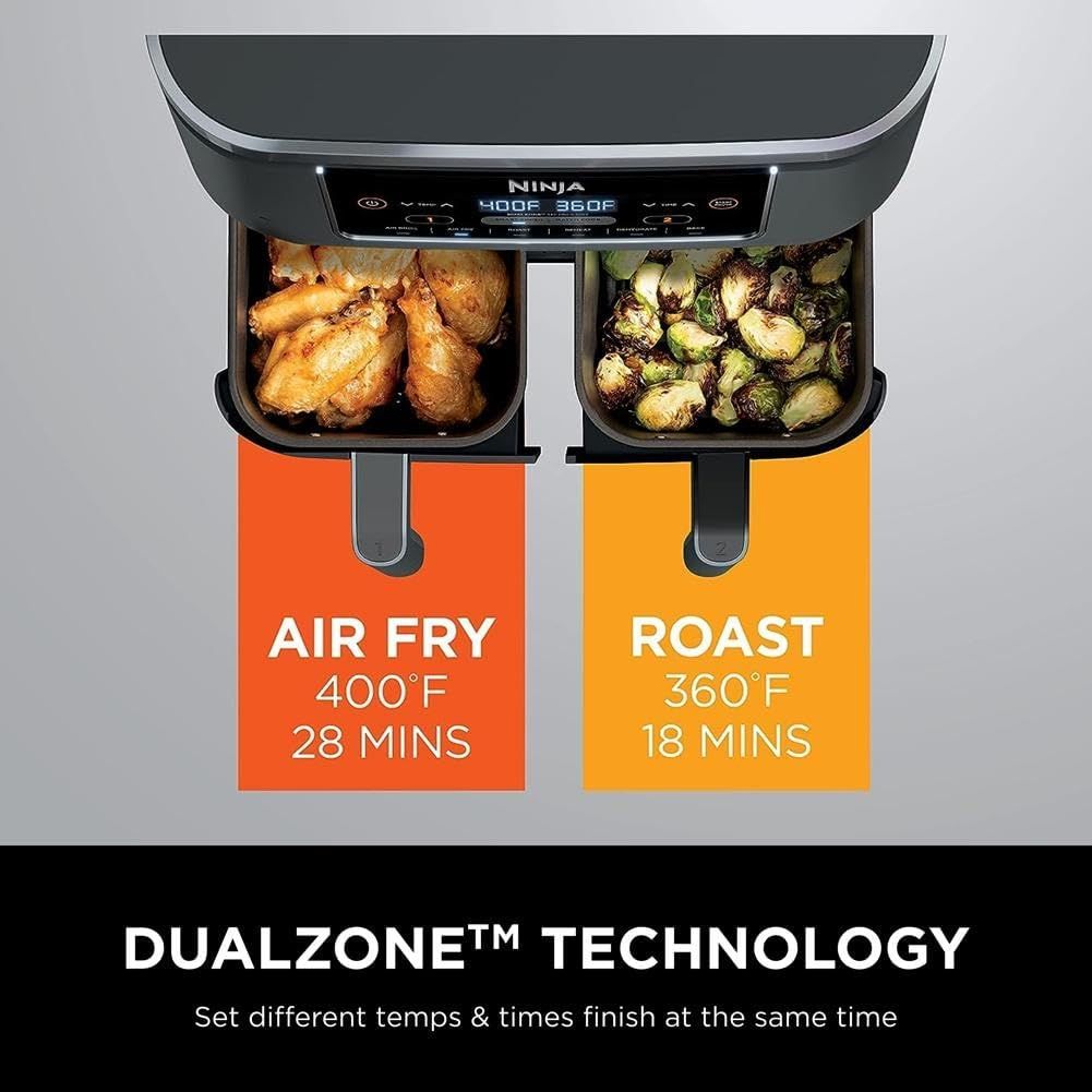 Communicates the product's unique dual-zone cooking capability that allows users to cook two different foods at different temperatures and times simultaneously, emphasizing convenience and…