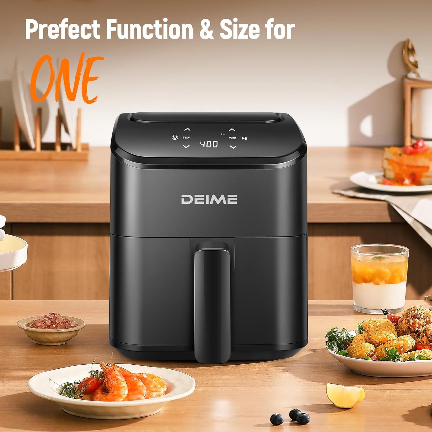 Communicates that this air fryer is perfectly sized for one person, emphasizing its compact footprint and ideal functionality for individual use. Highlights the product's suitability for…