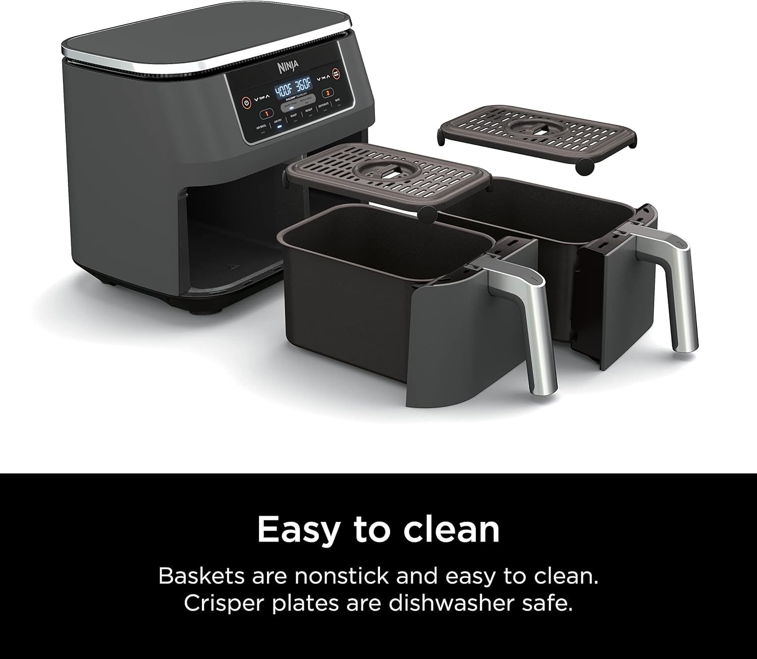 Shows all the components included with the air fryer to demonstrate what the customer receives and highlight the easy-to-clean nonstick baskets and dishwasher-safe crisper plates. Communicates the…