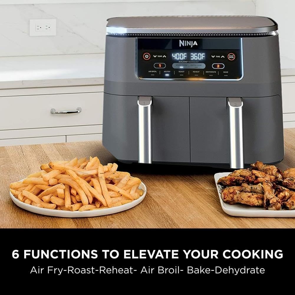 Communicates the versatility of the Ninja air fryer by showcasing its 6 distinct cooking functions, reassuring shoppers that one appliance can handle multiple cooking needs.