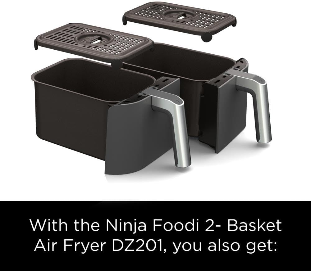 Shows shoppers all the components included with the Ninja Foodi air fryer purchase, highlighting the dual-basket system and accessories to communicate value and versatility.
