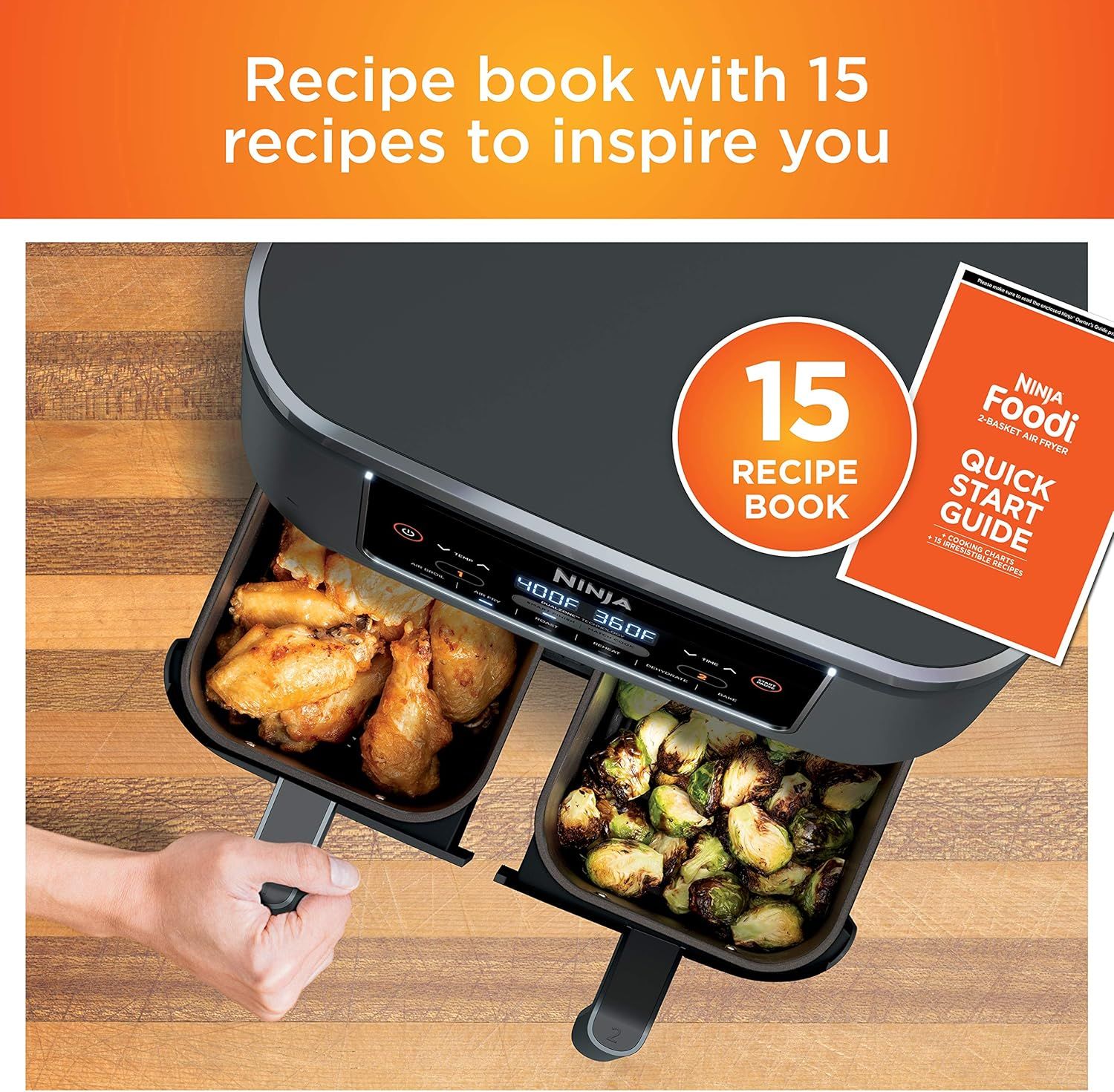 Communicates that the product comes with a 15-recipe book and quick start guide to help customers get started and maximize their purchase value.