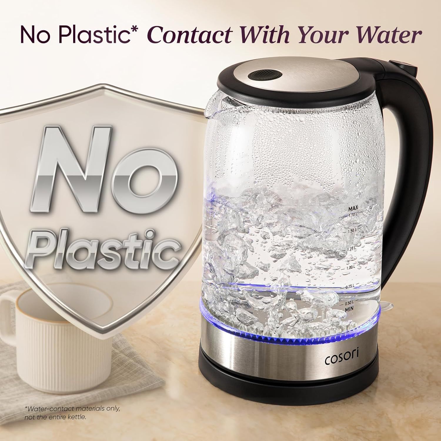 Communicates that the kettle uses safe, plastic-free materials for water contact, reassuring health-conscious shoppers about material safety and purity. Highlights the single key benefit of…