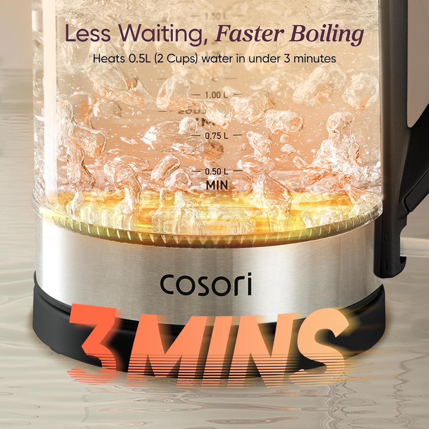 Communicates the product's rapid heating performance by highlighting that it can heat 0.5L (2 cups) of water in under 3 minutes, emphasizing speed and efficiency to appeal to time-conscious…