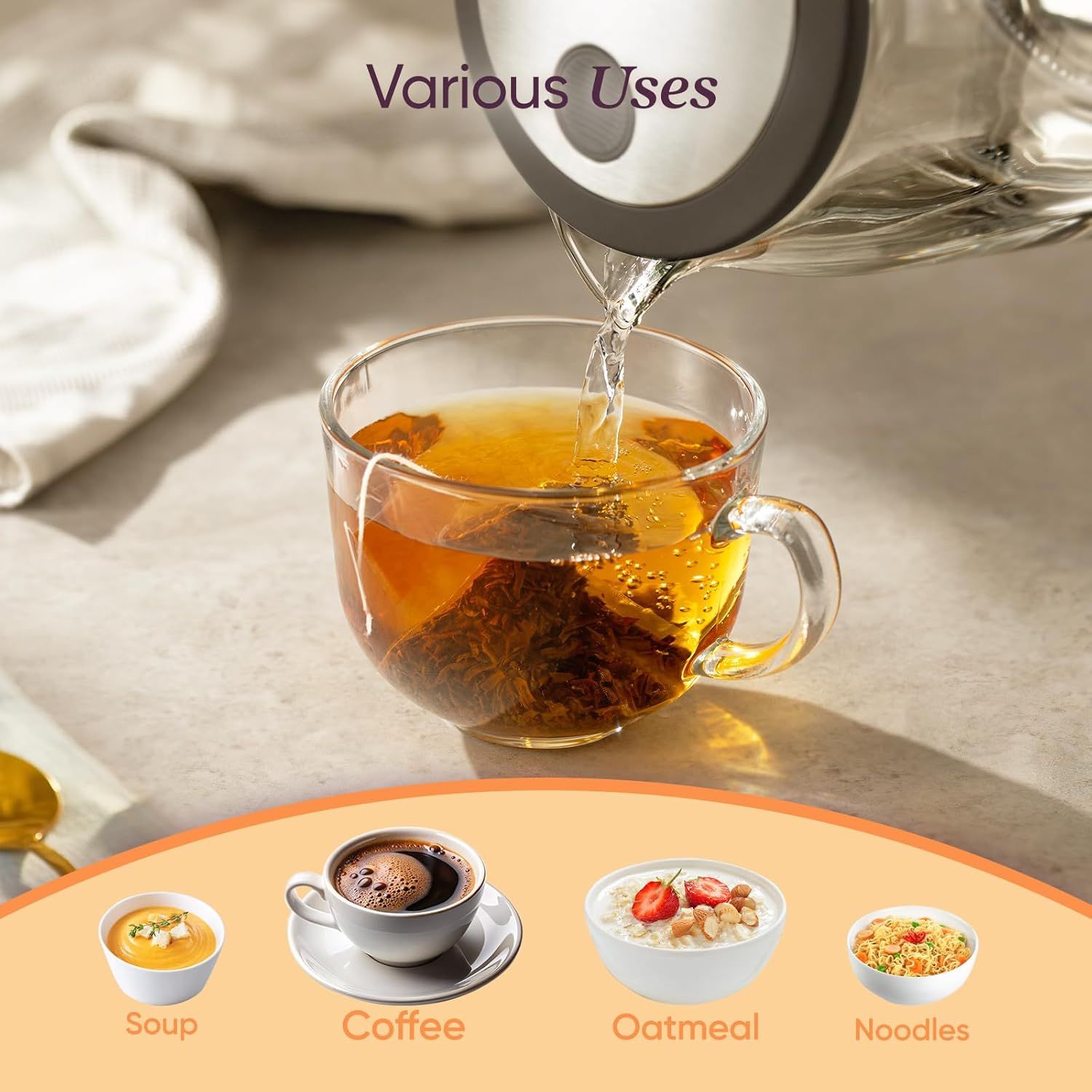Demonstrates the product's versatility by showing it can be used for multiple purposes including making soup, coffee, oatmeal, and noodles, reassuring shoppers of its multi-functional value.