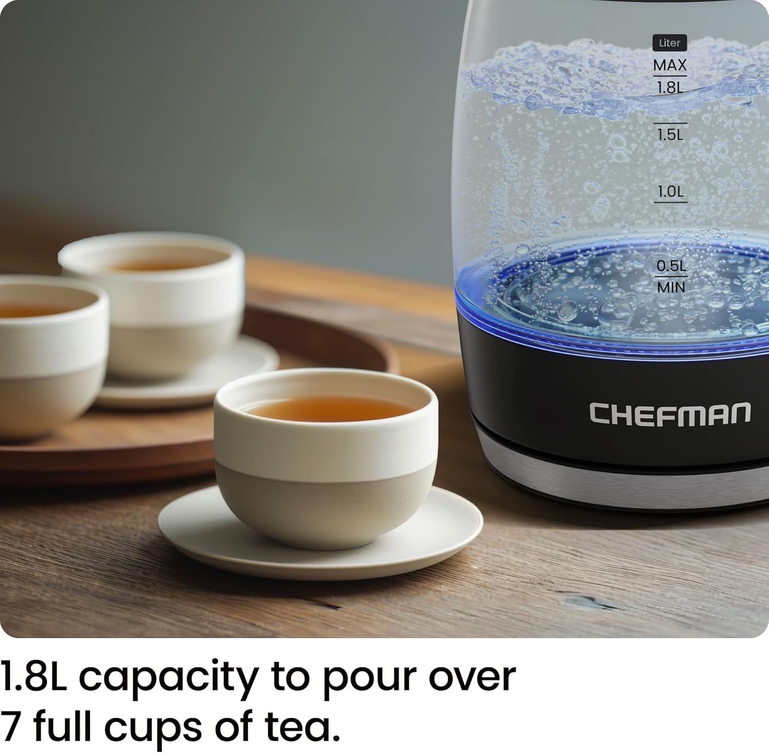 Communicates the kettle's large capacity by showing it can make over 7 full cups of tea, reassuring shoppers about its ability to serve multiple people. Highlights the generous capacity as a key…