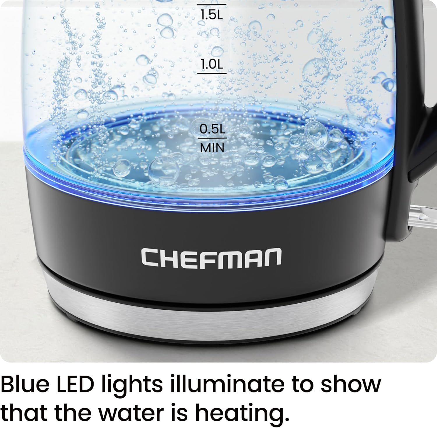 Communicates that the blue LED lights provide a visual cue to show when the water is actively heating, offering convenience and safety awareness to the user.