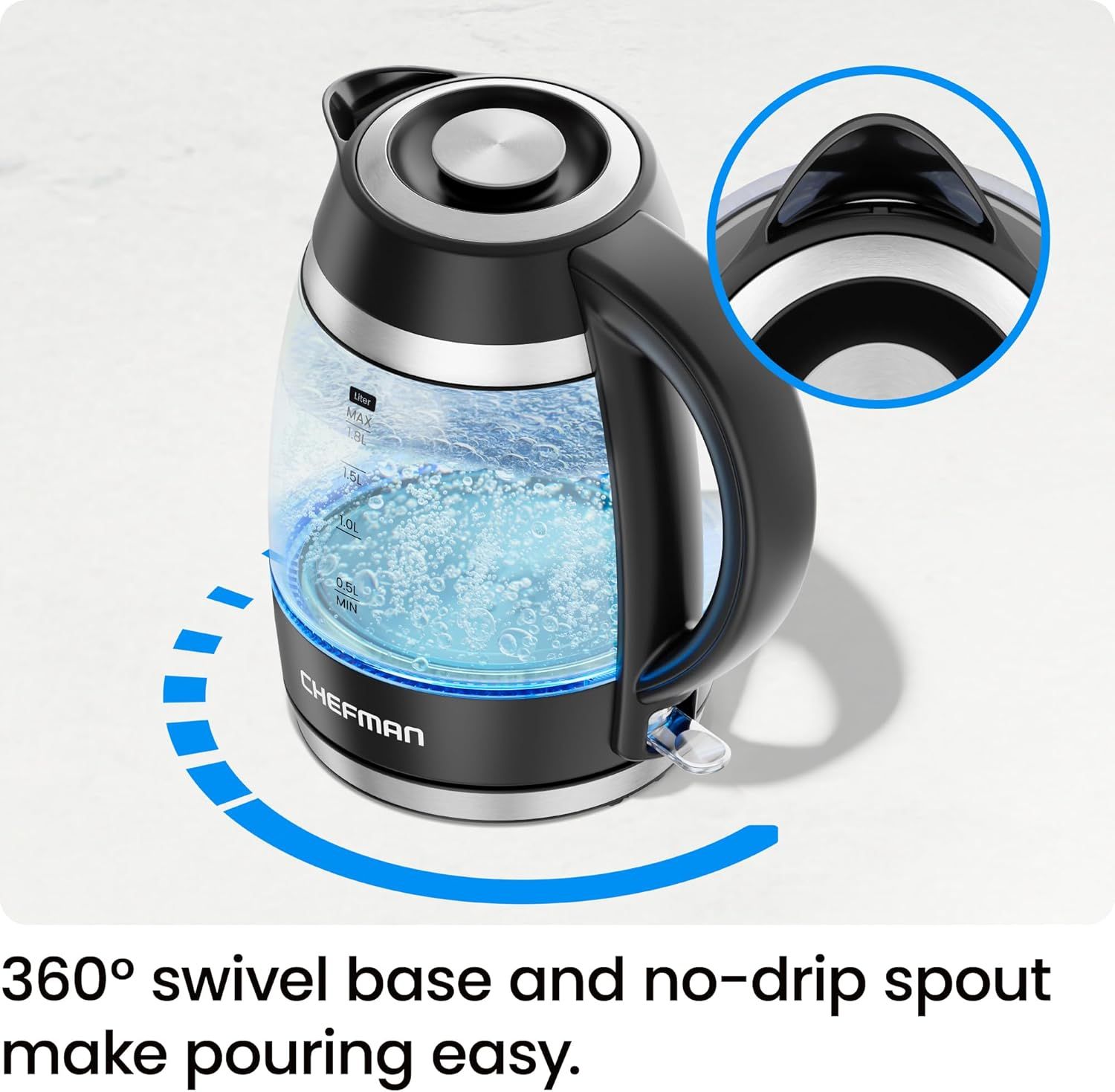 Highlights the kettle's physical design features—the 360° swivel base and no-drip spout—to demonstrate ease of use and convenience when pouring. Communicates the benefit of easy, mess-free pouring…