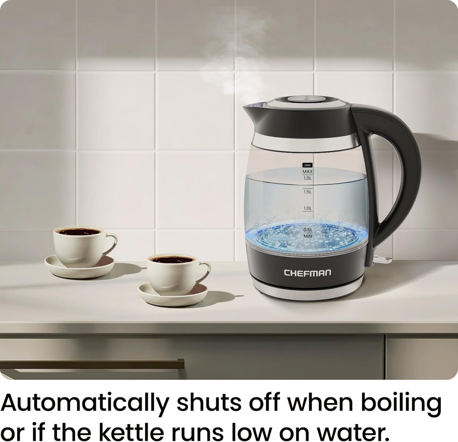 Communicates the kettle's automatic shut-off safety feature that activates when water boils or runs low, reassuring shoppers about safe and convenient operation.
