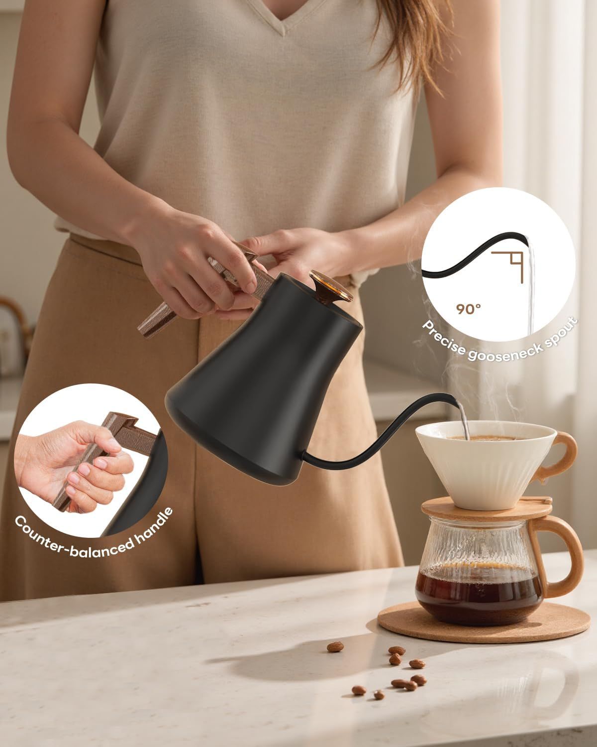 Highlights two distinct design features of the kettle—the precise 90-degree gooseneck spout for controlled pouring and the counter-balanced handle for ergonomic grip—to communicate superior…