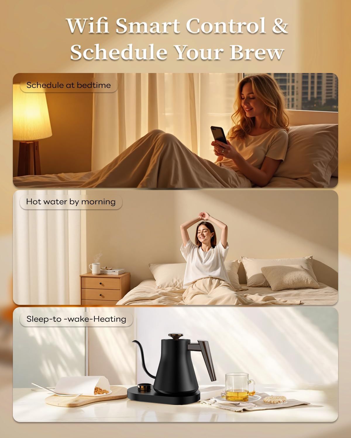 Demonstrates multiple use cases for the WiFi-enabled smart kettle, showing how it can be scheduled at bedtime, provide hot water by morning, and support a sleep-to-wake routine, emphasizing…