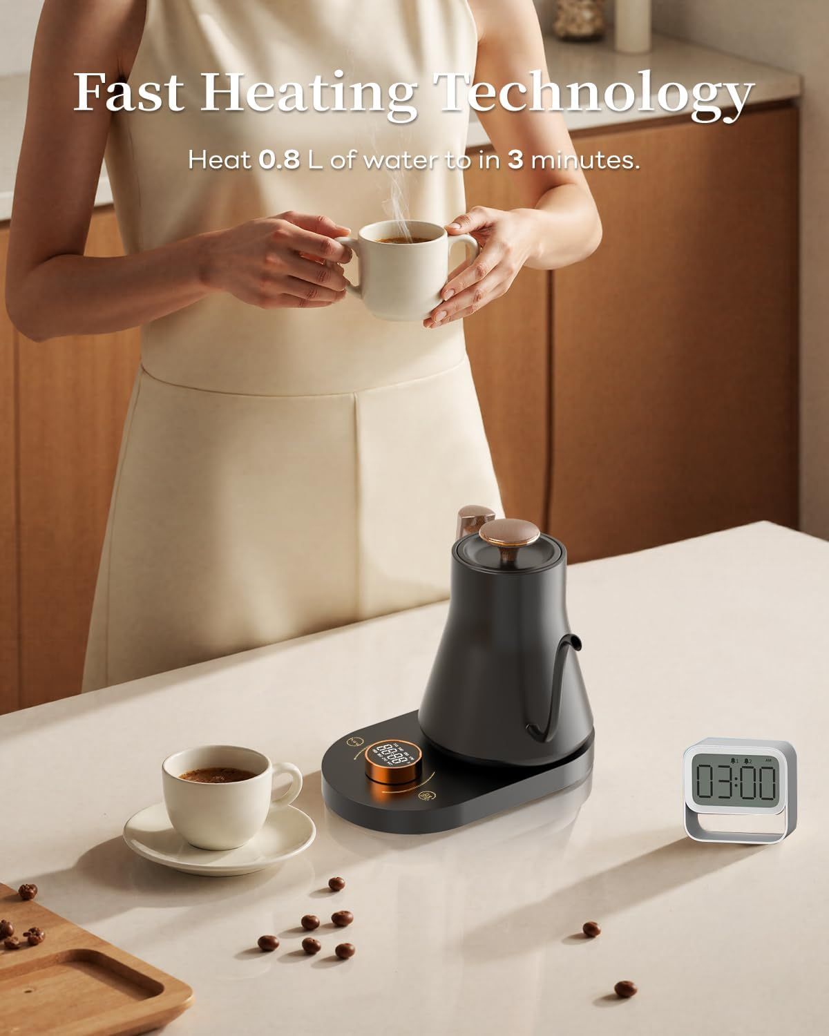 Communicates the product's fast heating performance by highlighting that it can heat 0.8L of water in just 3 minutes, emphasizing speed and efficiency for busy users. Showcases the key benefit of…