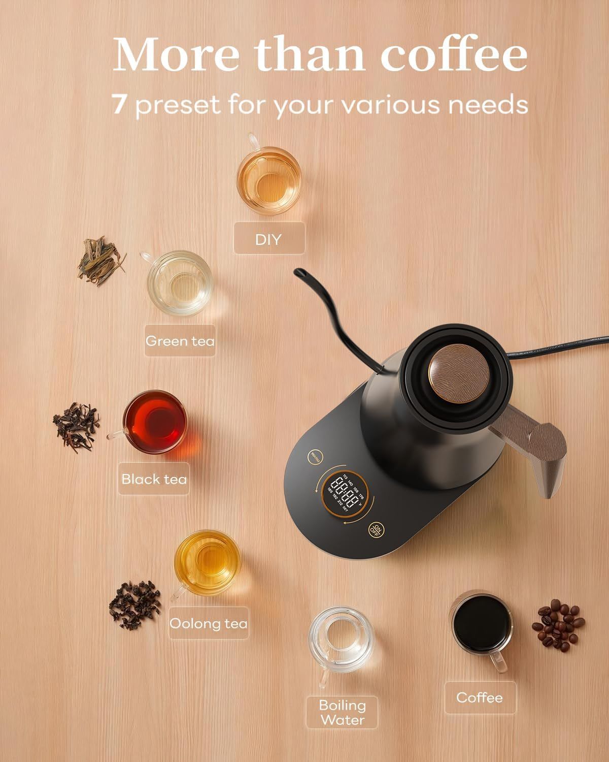 Demonstrates the product's versatility by showing it can prepare multiple types of beverages (coffee, various teas, DIY options, and boiling water) to meet different user needs.