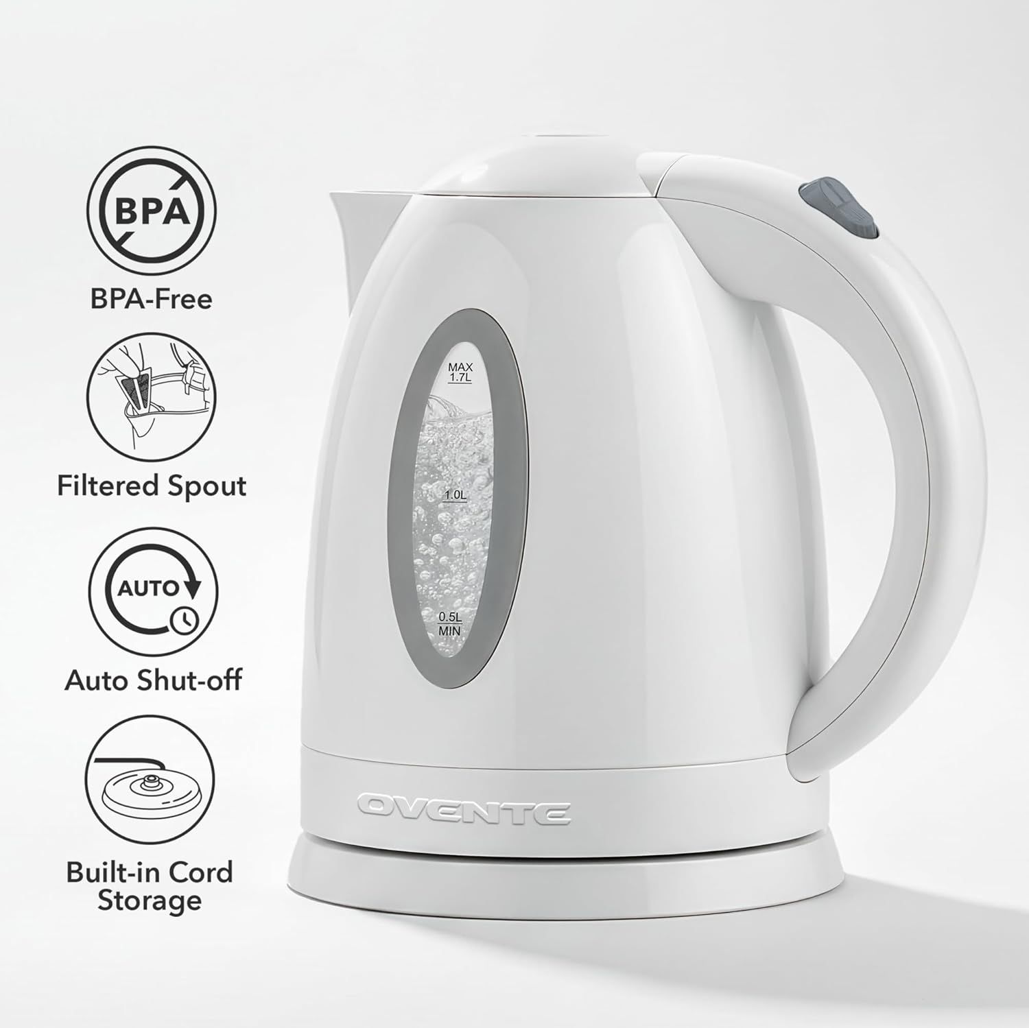 Communicates multiple key safety and convenience features of the electric kettle to reassure shoppers about product quality and ease of use.