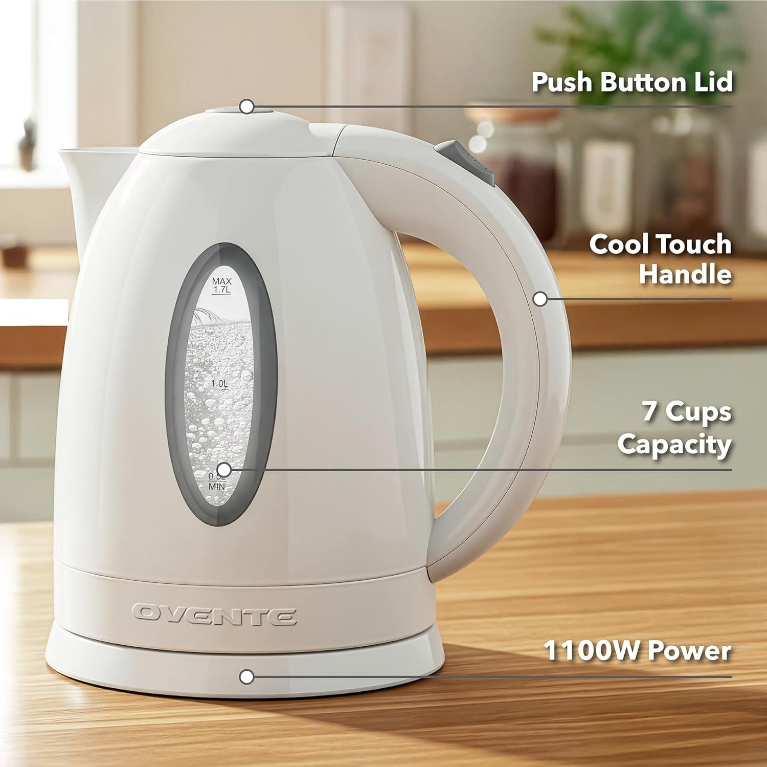 This image breaks down the kettle's key physical features and specifications using callout lines and labels, helping shoppers understand the product's components and capabilities at a glance.