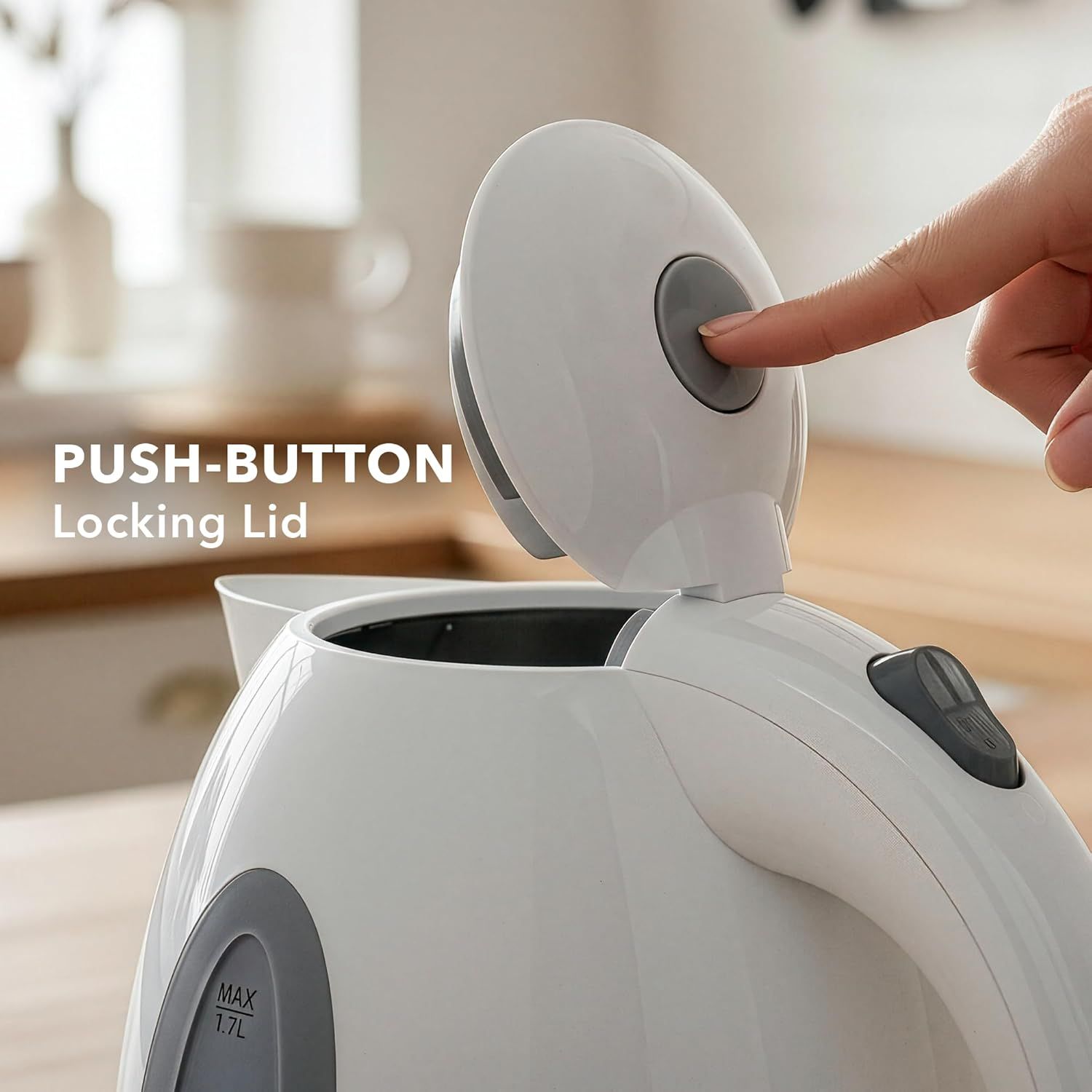 Demonstrates the convenient push-button lid mechanism that allows for easy, one-handed opening, emphasizing user-friendly design and ease of use.