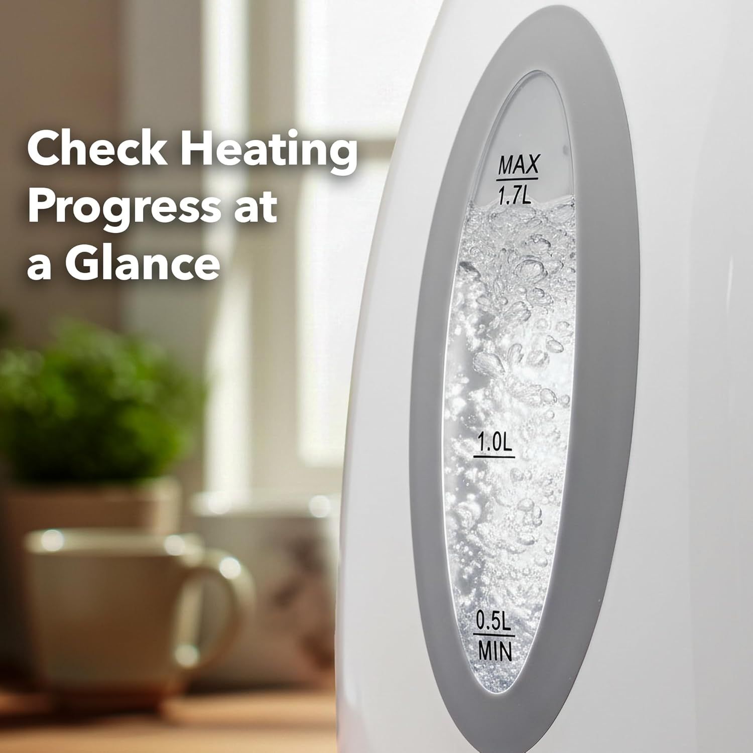 Highlights the transparent water level indicator that allows users to monitor heating progress and water levels at a glance, providing convenience and control.