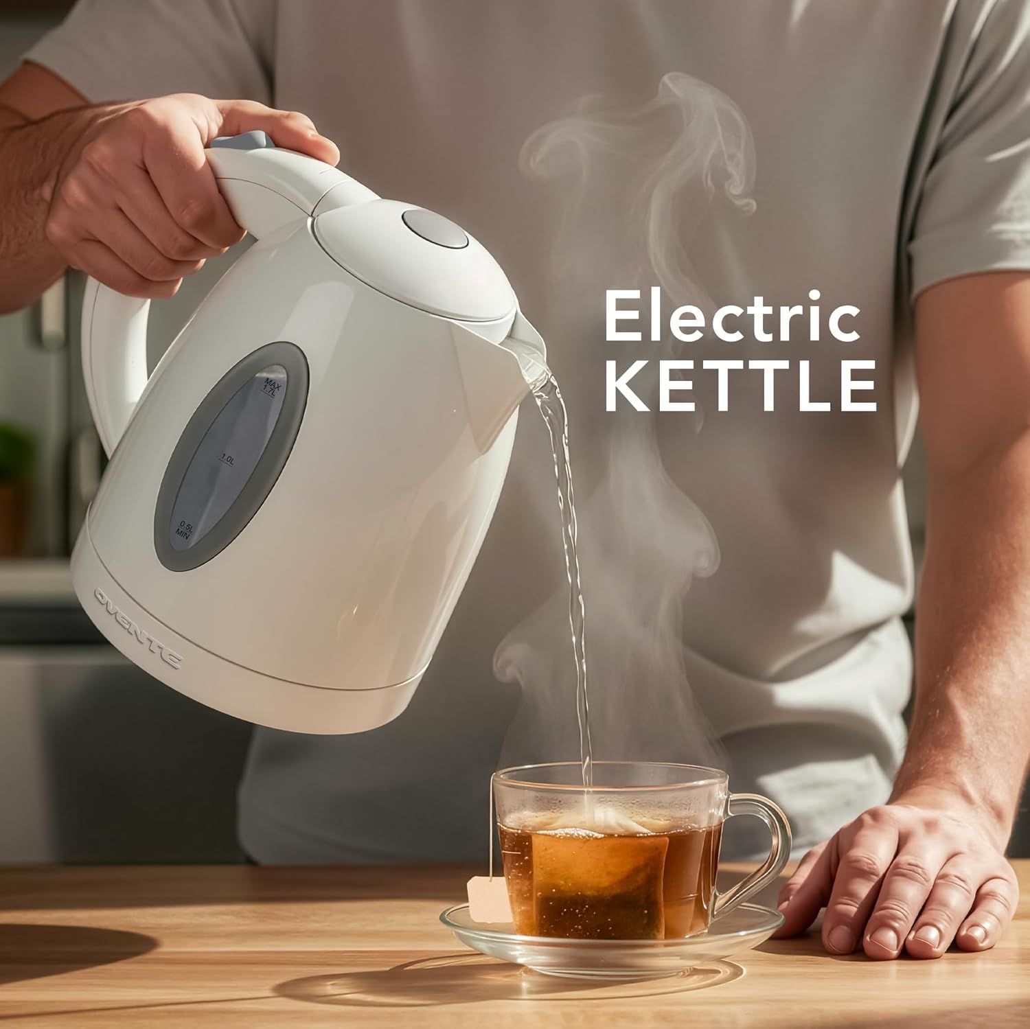 Demonstrates the electric kettle being used in a real-world kitchen setting to help shoppers visualize the product in their daily routine.