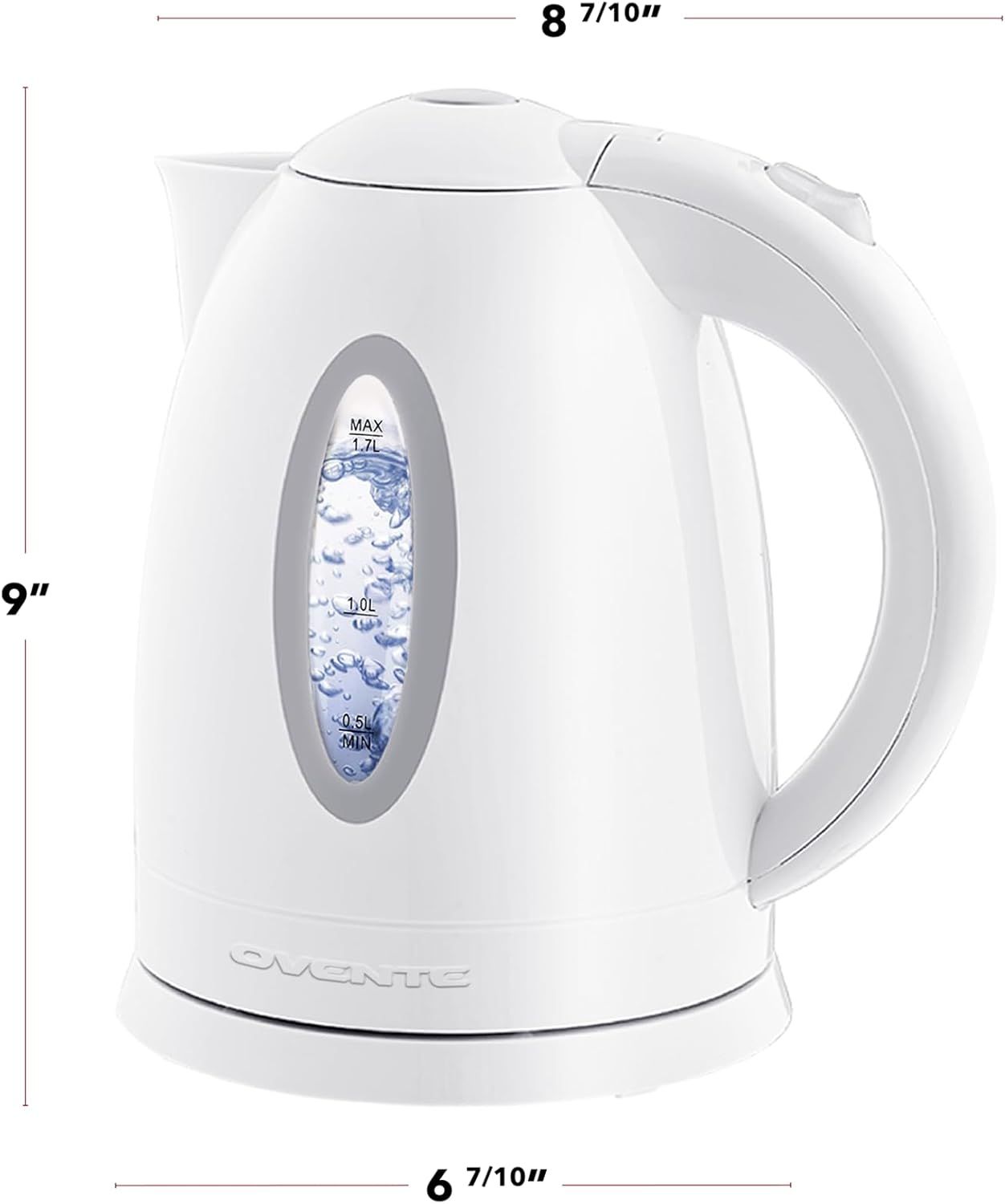 Communicates the exact physical size of the electric kettle to help shoppers understand how much counter space it will occupy and whether it fits their needs. Highlights the kettle's 1.7-liter water…