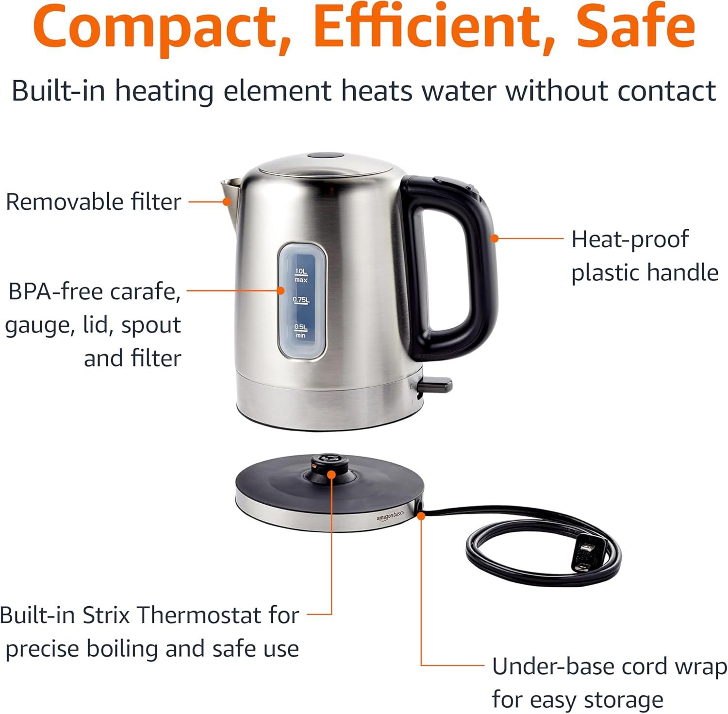 This image breaks down the electric kettle's physical components and structural features, helping shoppers understand what the product is made of and how its parts contribute to functionality and…