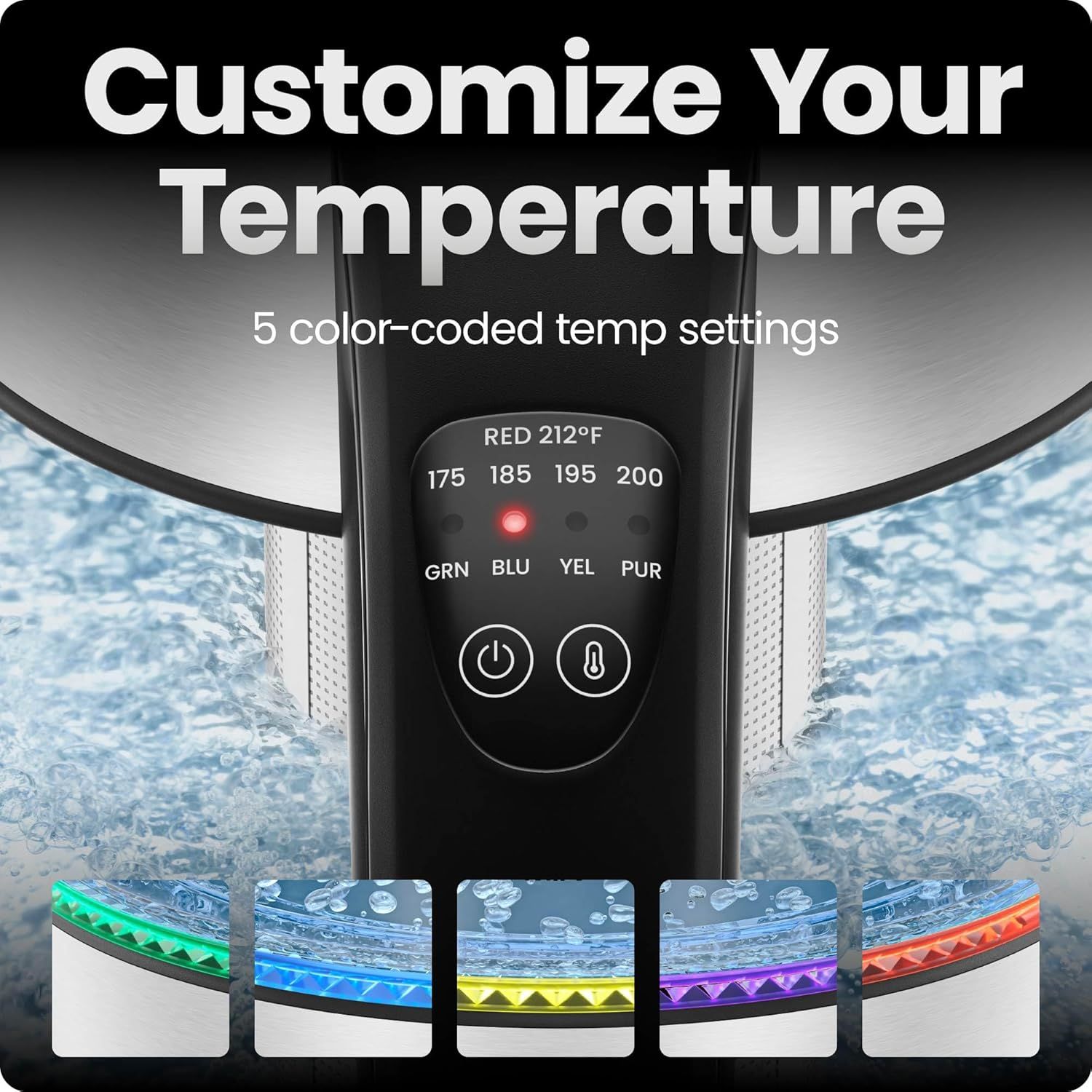 Highlights the product's customizable temperature control feature with 5 color-coded settings, showing shoppers how to adjust and personalize their experience. Communicates the key benefit of…