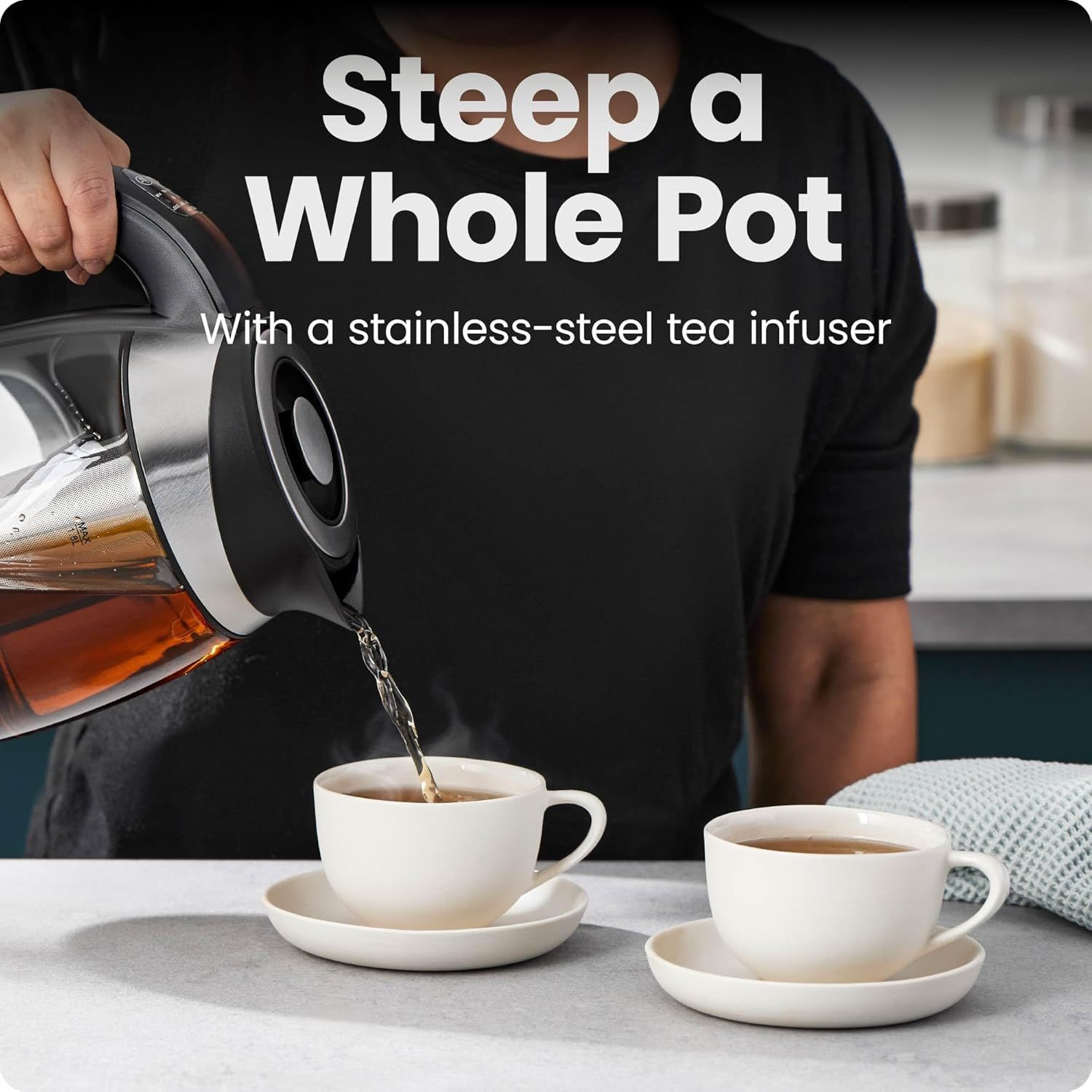 Highlights the product's ability to steep a whole pot of tea using a built-in stainless-steel infuser, emphasizing convenience and capacity for serving multiple cups.