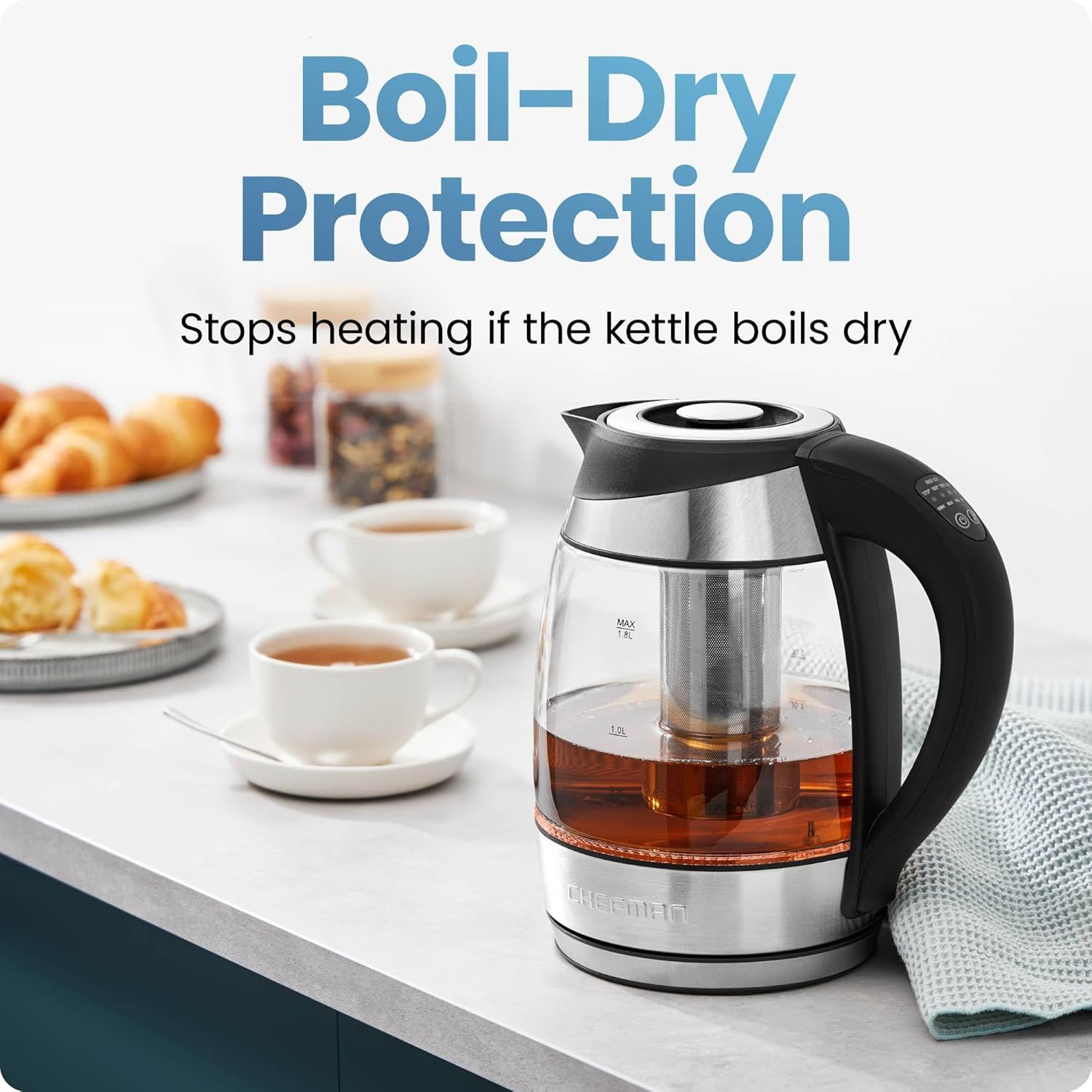 Communicates that the kettle has a safety feature that automatically stops heating if the water boils dry, preventing damage and hazards. Highlights one key safety benefit in a clean, simple layout…