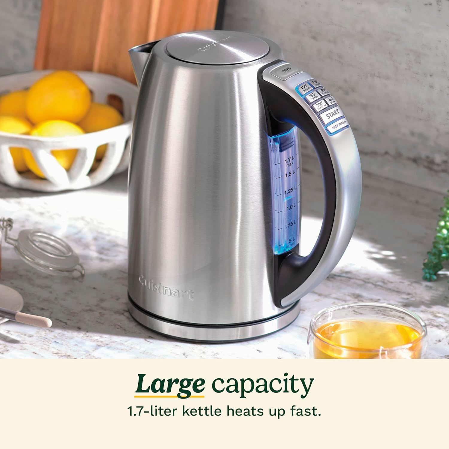 Communicates the kettle's 1.7-liter capacity as a key performance metric, emphasizing that it can hold a large volume and heats quickly to meet customer needs. Highlights the primary benefit of the…