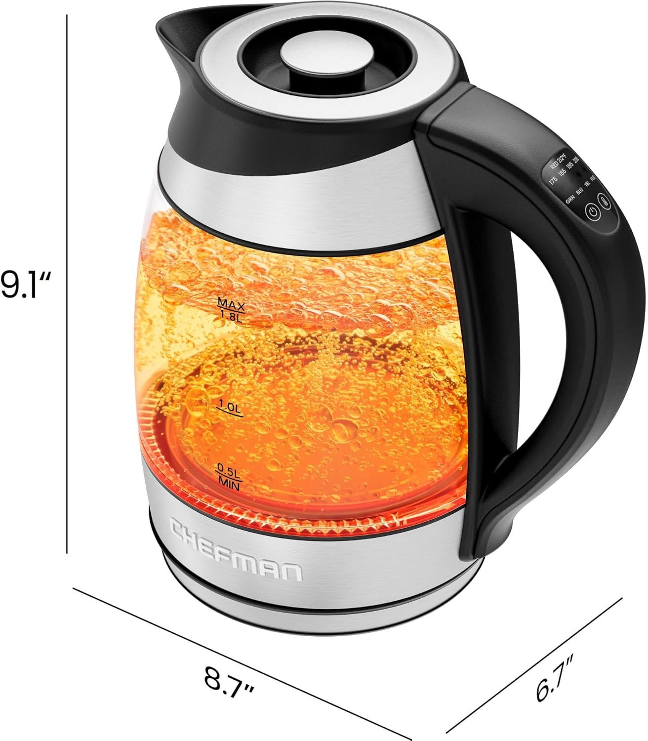 Communicates the exact physical size of the kettle (9.1" height, 8.7" length, 6.7" width) to help shoppers understand if it will fit in their kitchen space.