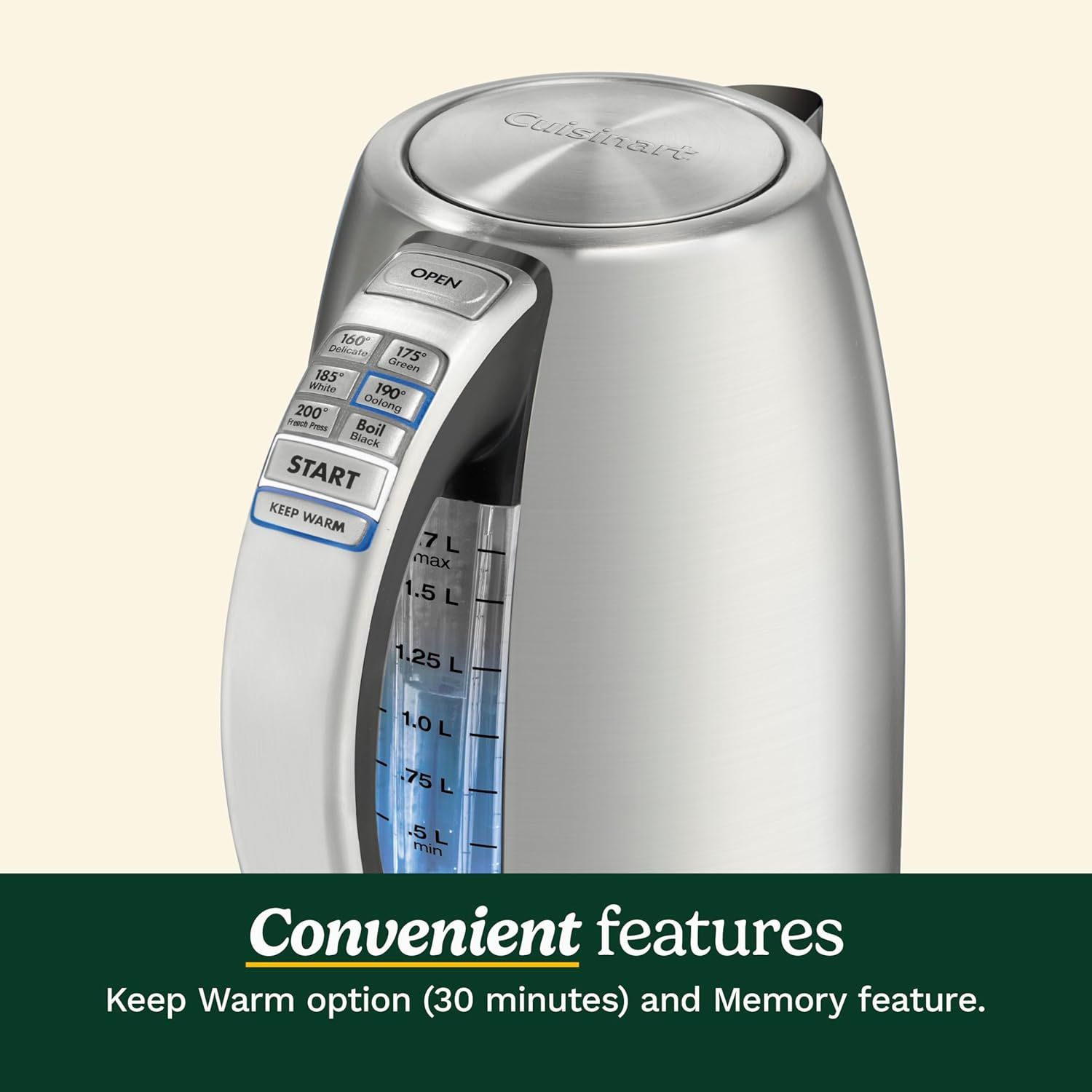 Highlights the convenient features of the kettle, specifically the Keep Warm option that maintains temperature for 30 minutes and the Memory feature, reassuring shoppers of ease of use and…