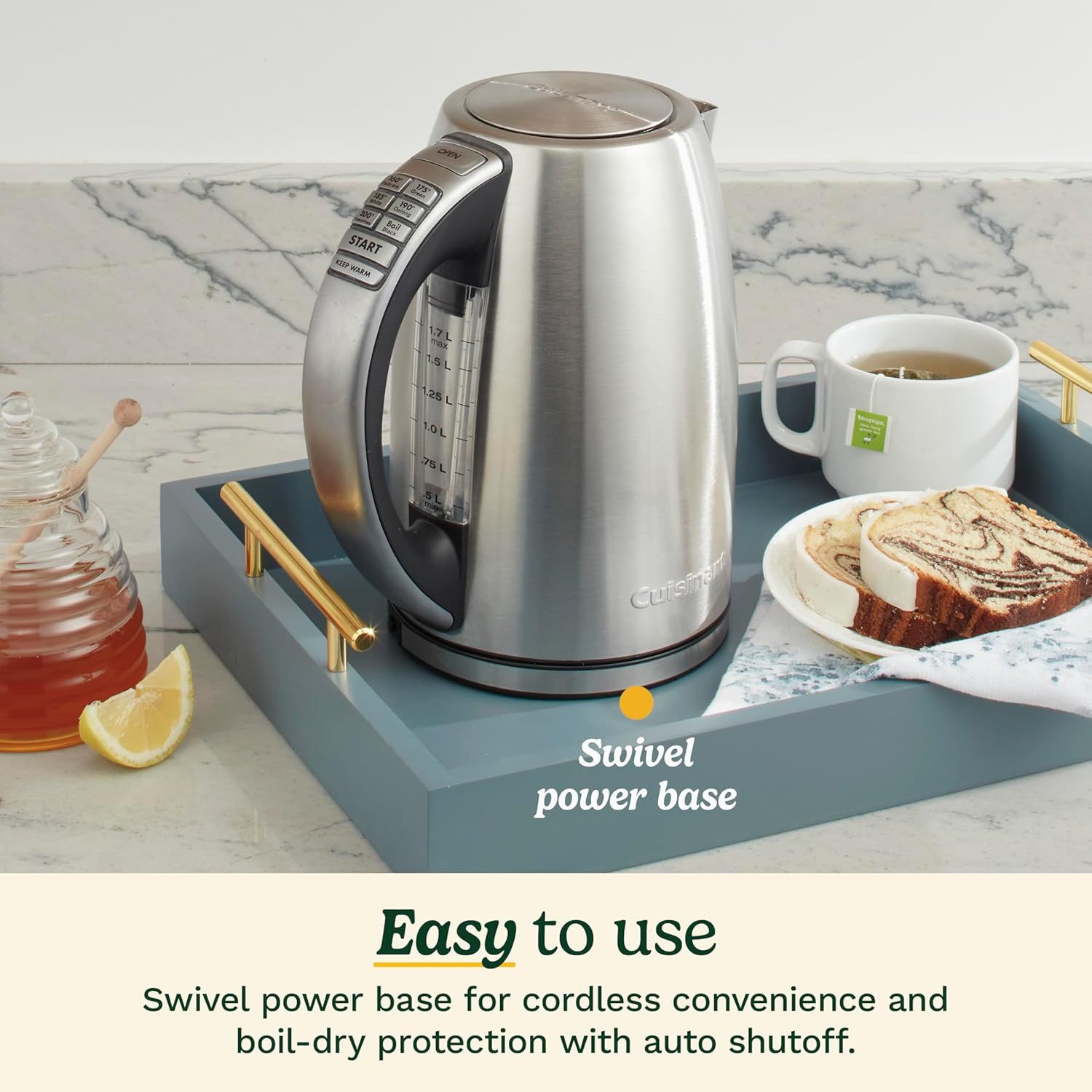 Highlights the ease of use provided by the swivel power base, which offers cordless convenience and safety features like auto shutoff and boil-dry protection.