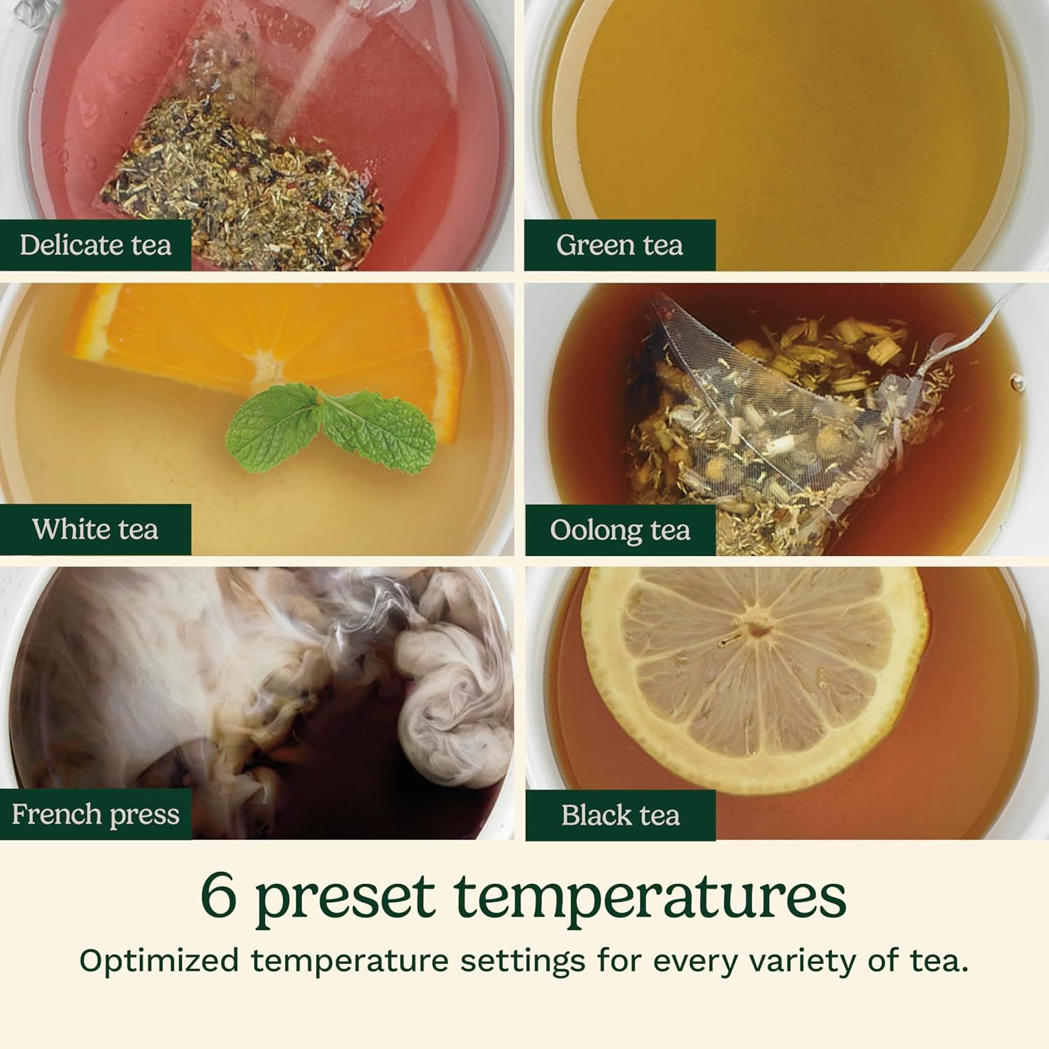 Demonstrates the product's versatility by showing it can brew 6 different types of tea (Delicate, Green, White, Oolong, French Press, Black) with optimized temperature settings for each variety,…