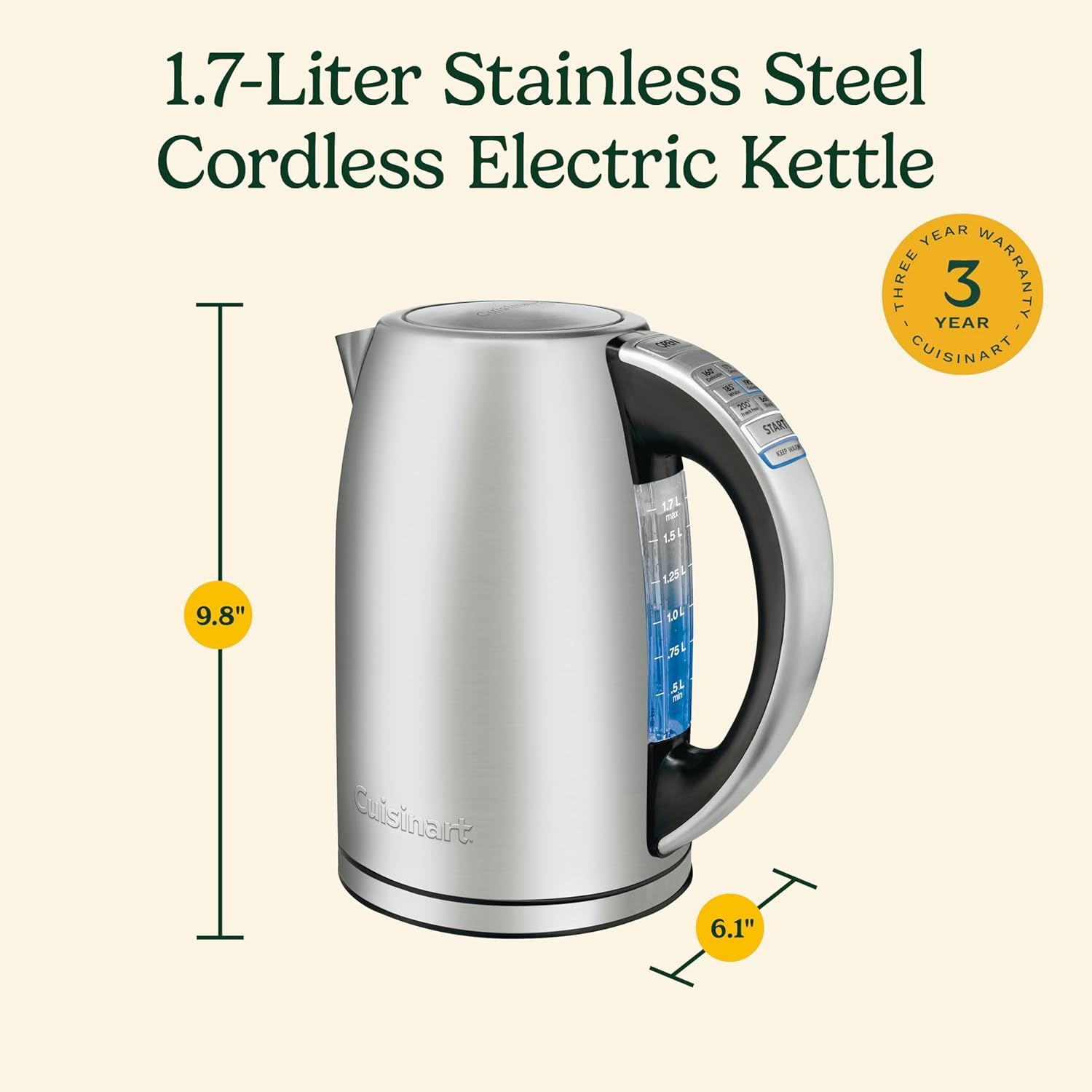 Communicates the exact physical size of the kettle (9.8 inches tall, 6.1 inches wide) to help shoppers understand if it will fit their counter space and meet their capacity needs.