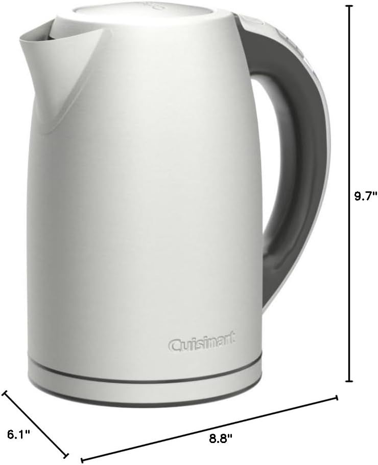 Communicates the exact physical dimensions of the electric kettle (9.7" height, 8.8" length, 6.1" width) to help shoppers understand the product's footprint and whether it will fit in their kitchen…