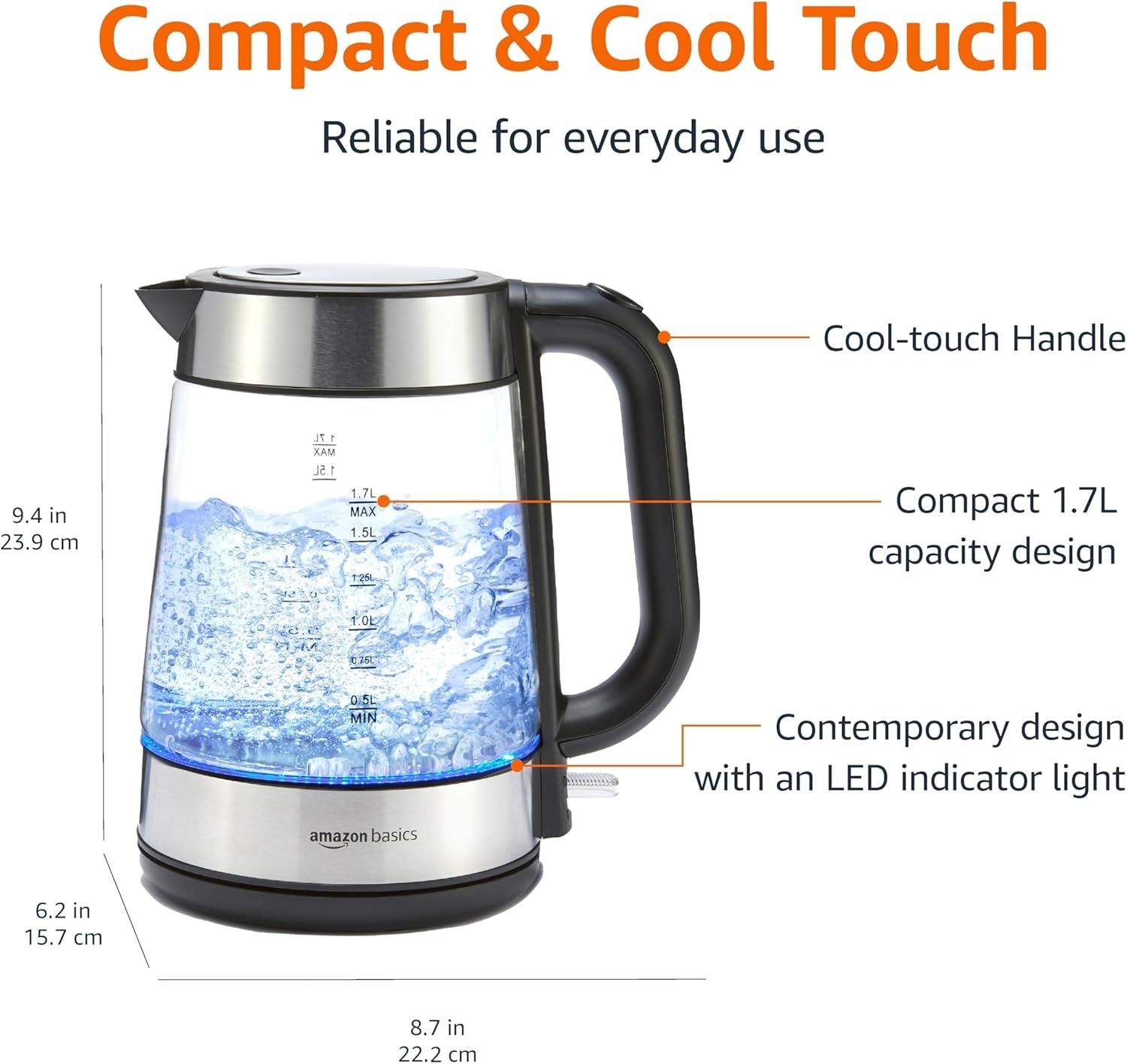 This image breaks down the key physical features and design elements of the kettle to help shoppers understand its construction, capacity, and functional components. Provides exact dimensional…