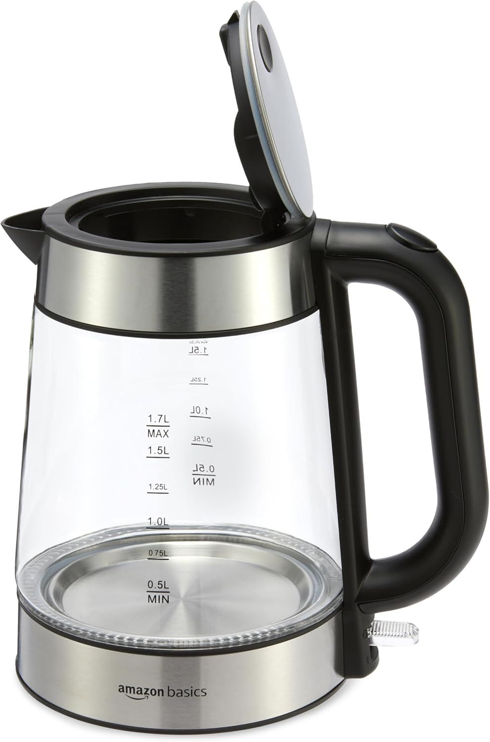 Provides a clean, catalog-style view of the electric kettle showing its design, glass body with measurement markings, and open lid to help shoppers understand the product's appearance and capacity.