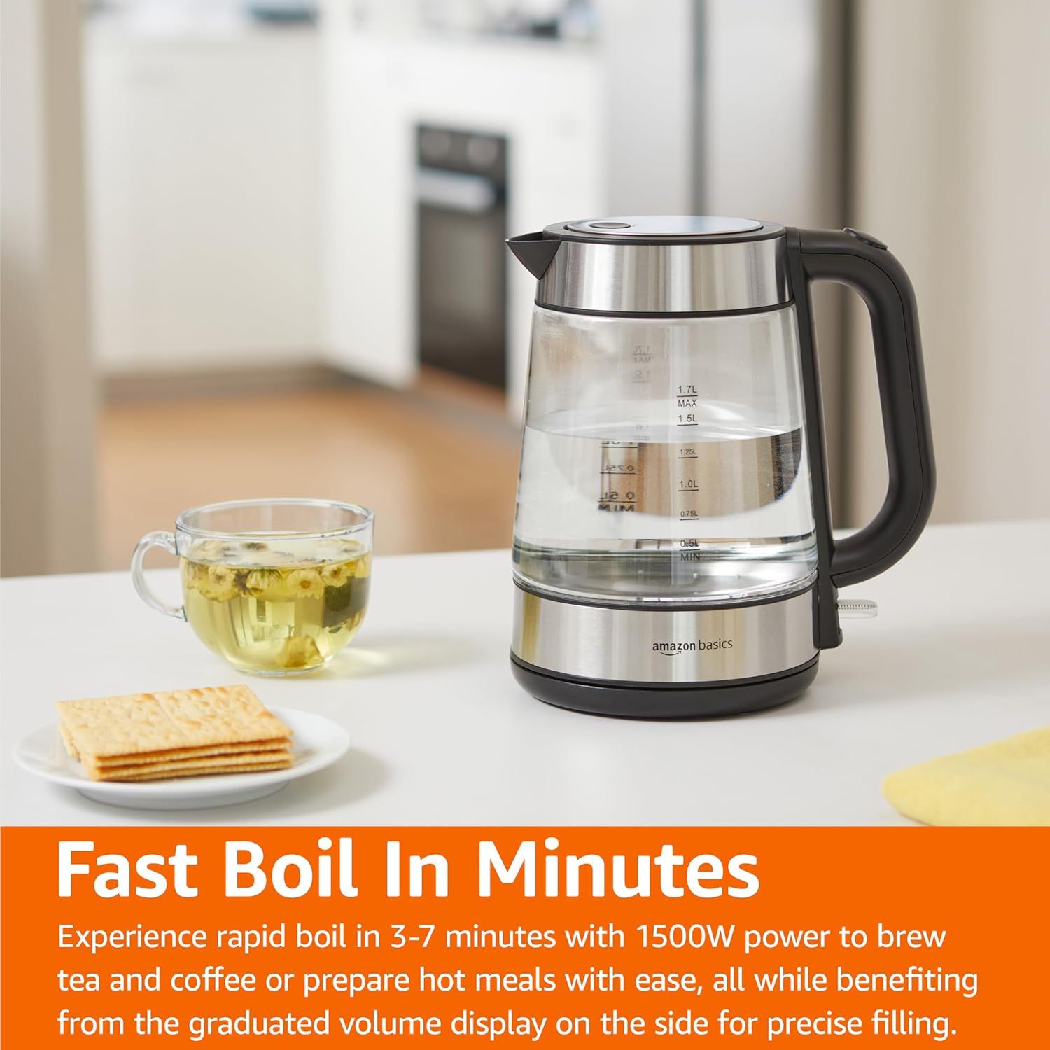 Communicates the kettle's rapid boiling performance (3-7 minutes) and high power output (1500W) to reassure shoppers of speed and efficiency for brewing tea, coffee, or preparing hot meals.…