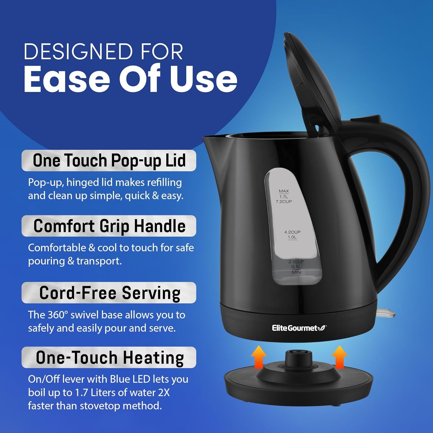 Communicates multiple distinct benefits of the electric kettle in a segmented layout, highlighting ease of use, safety, convenience, and fast heating to help shoppers understand the product's key…