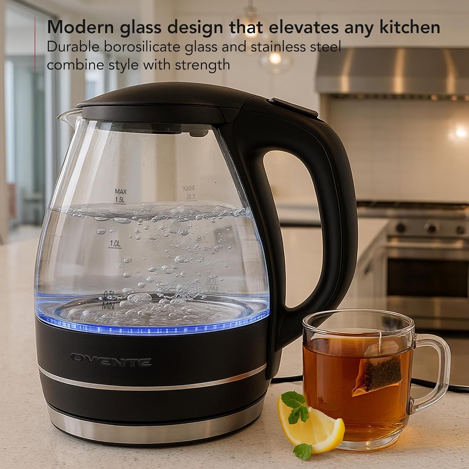 Highlights the product's modern aesthetic and durable construction using premium materials to communicate both style and strength, reassuring shoppers of quality and kitchen appeal.
