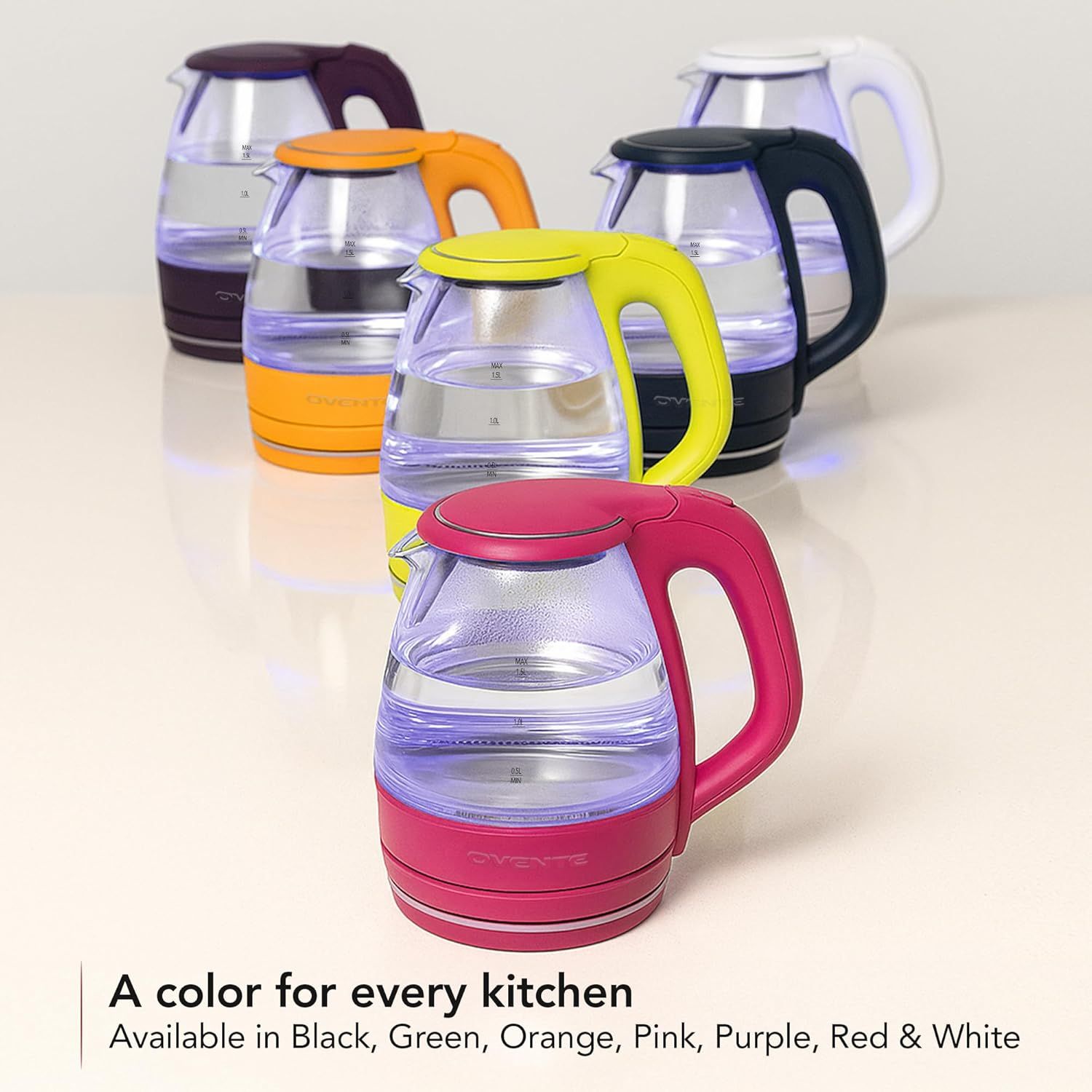 Showcases the brand's product lineup by displaying all available color options (Black, Green, Orange, Pink, Purple, Red, White) to help shoppers choose the variant that best matches their kitchen…