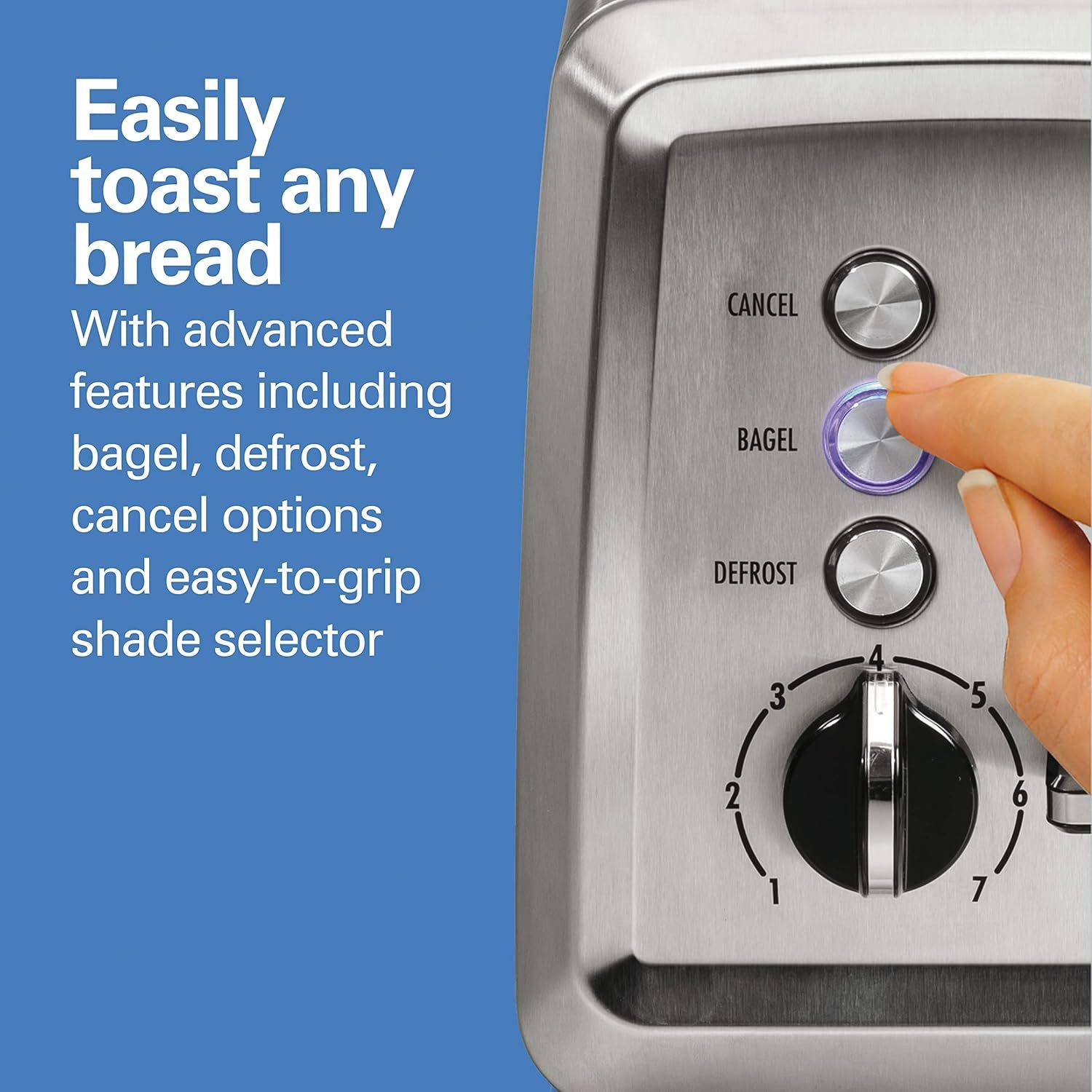 Communicates the toaster's versatility and ease of use by highlighting multiple advanced features that allow users to toast any type of bread with precision control.