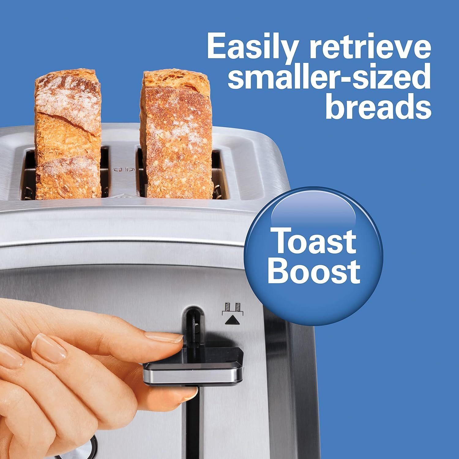 Highlights the Toast Boost feature that allows users to easily retrieve smaller-sized breads from the toaster, emphasizing convenience and ease of use.