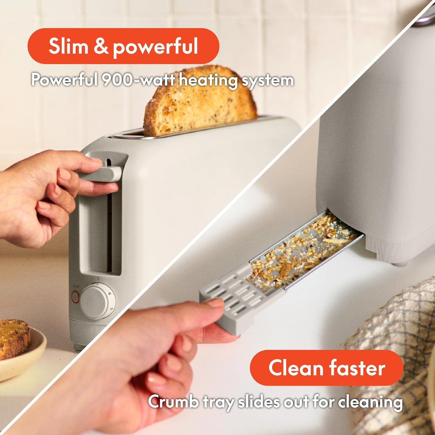 Communicates two distinct product benefits in a visually segmented layout: the powerful heating performance and the convenient cleaning feature, reassuring shoppers of both functionality and ease of…