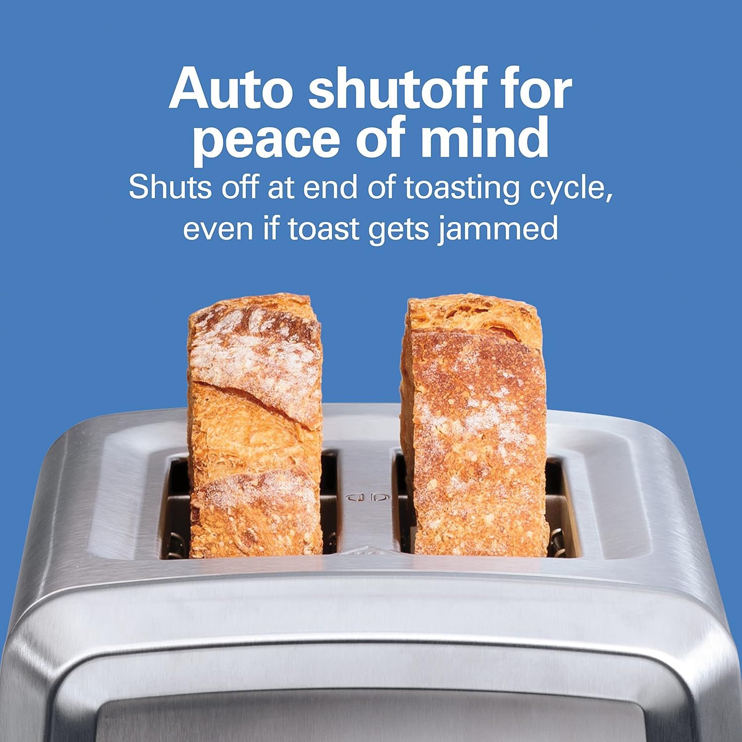 Reassures shoppers that the toaster has a safety feature that automatically shuts off at the end of the toasting cycle, even if toast gets jammed, providing peace of mind and preventing potential…