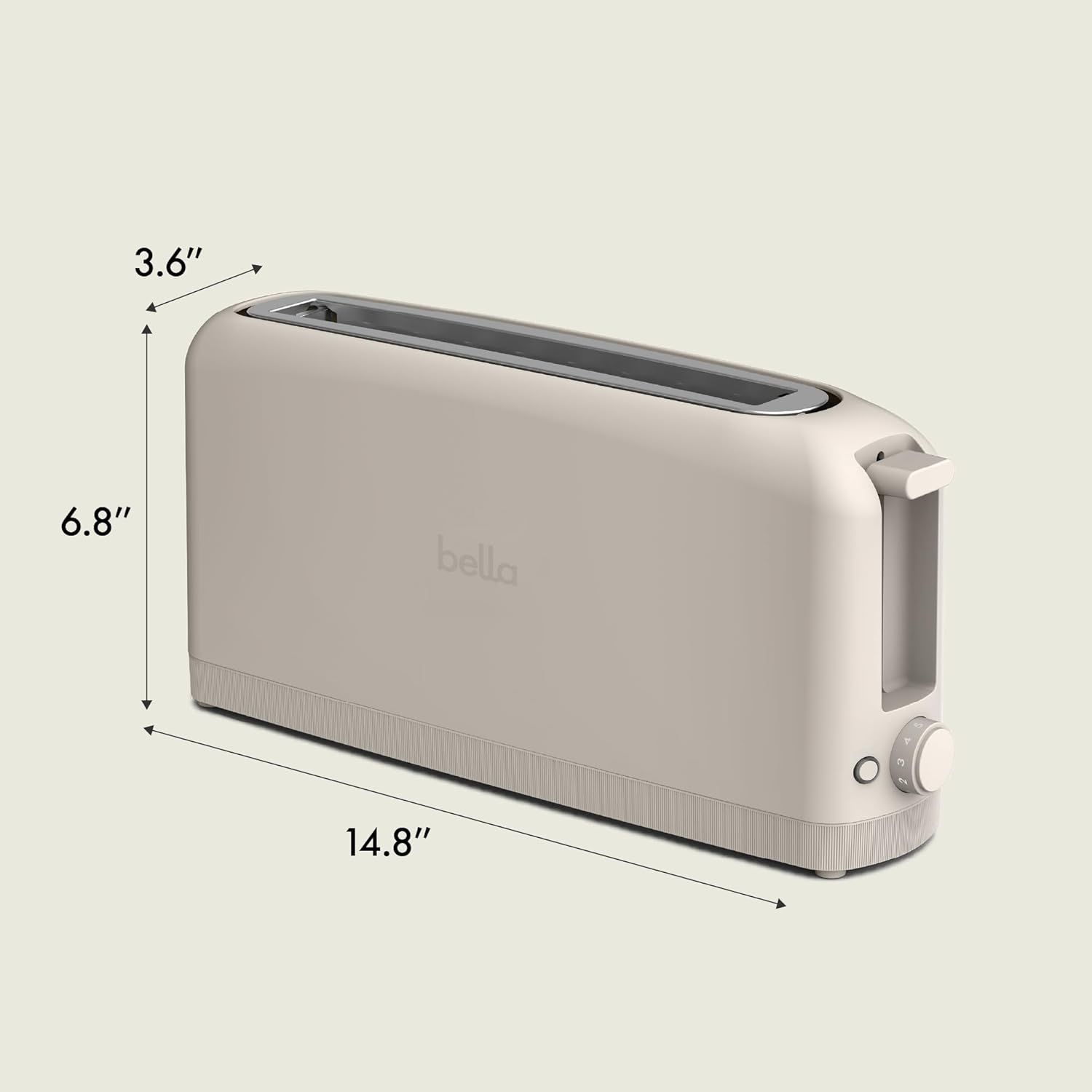 Communicates the exact physical dimensions of the toaster to help shoppers understand how much counter space it will occupy and whether it fits their kitchen layout.