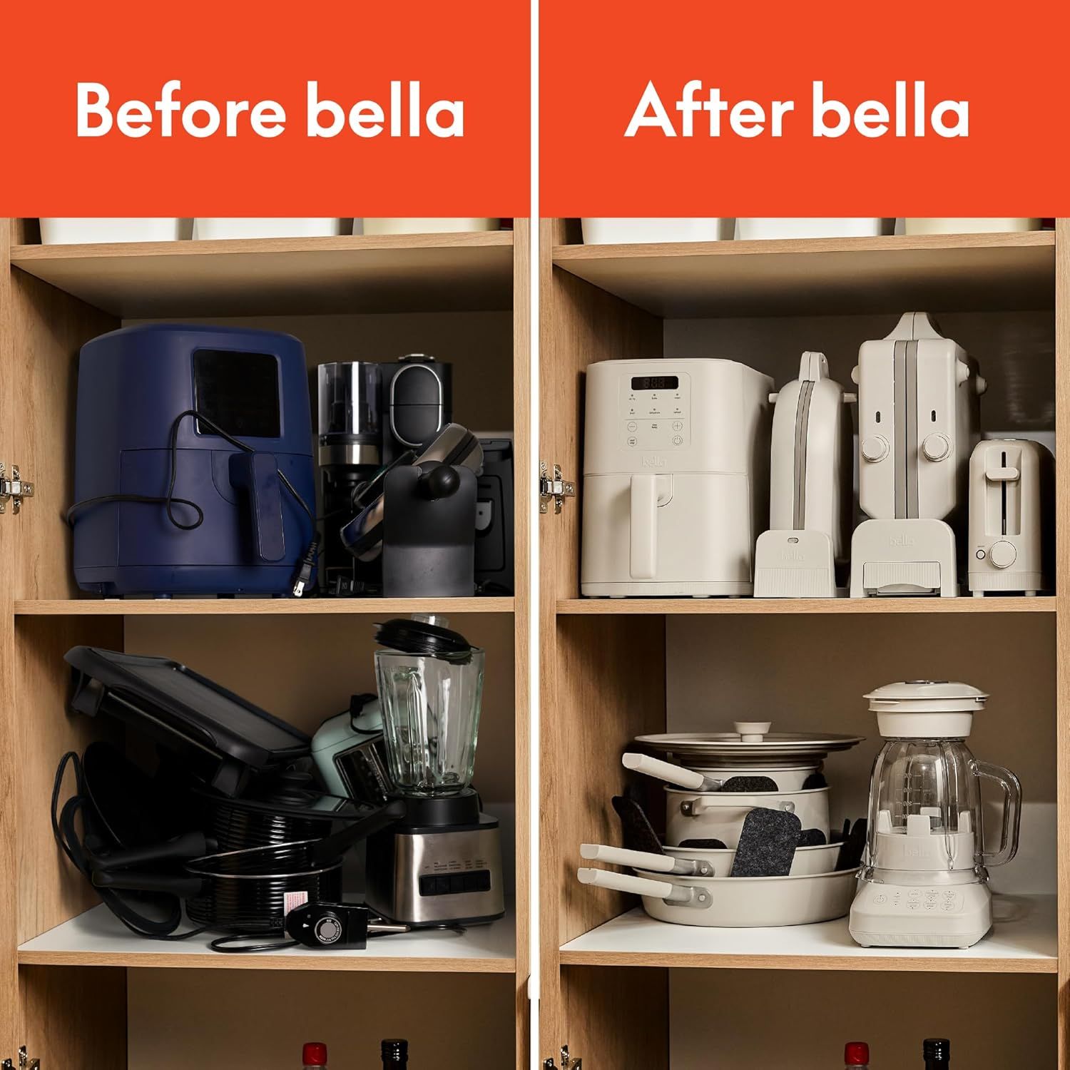 Demonstrates the transformative organizing and aesthetic improvement achieved by using the product, showing a cluttered, mismatched cabinet transformed into a clean, coordinated storage space.
