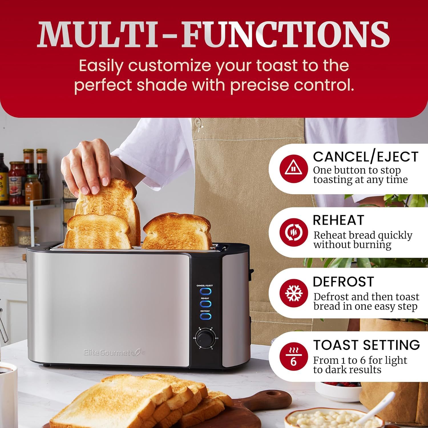 Showcases the toaster's multiple functions (cancel/eject, reheat, defrost, and adjustable toast settings) to demonstrate versatility and precise control for different toasting needs.