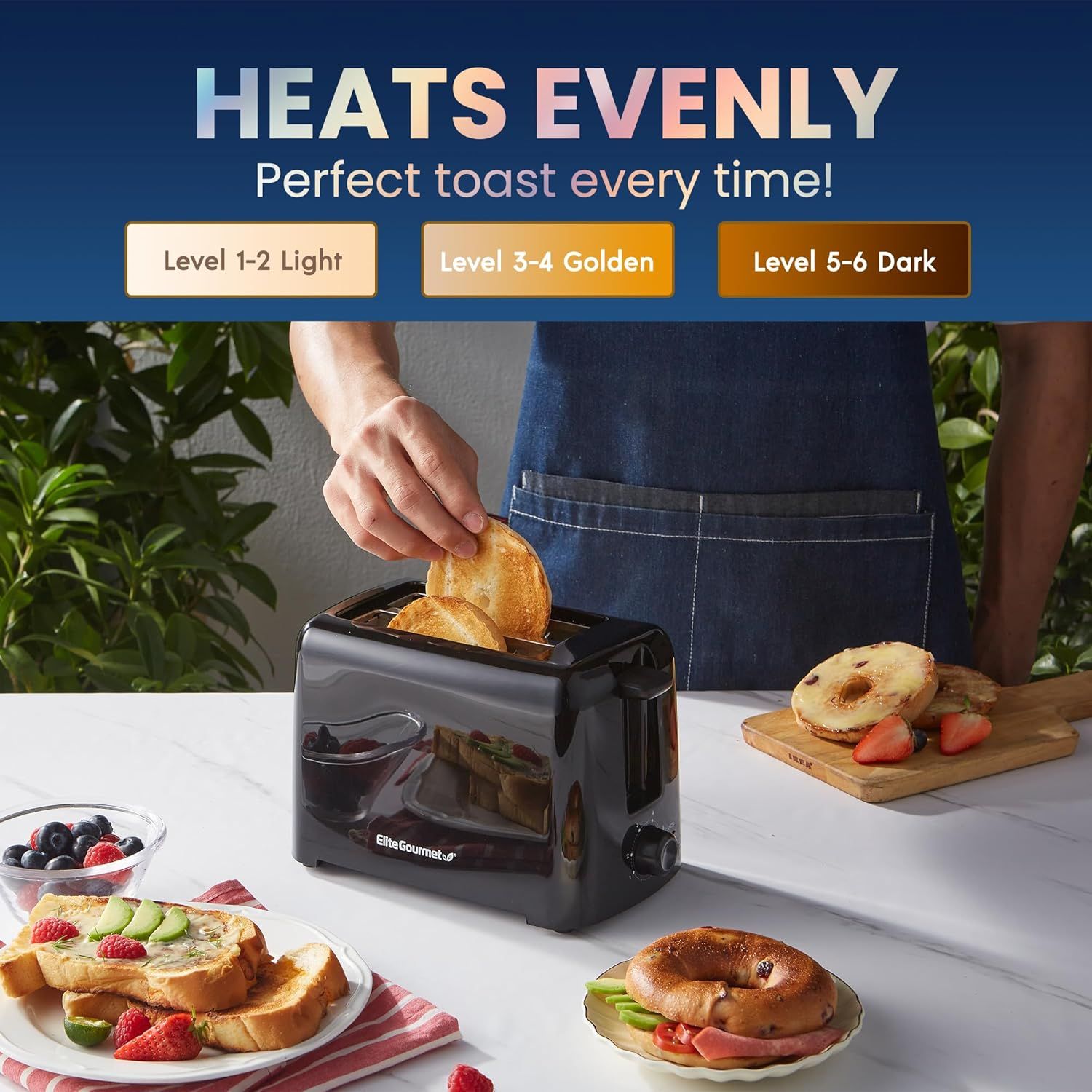 Communicates that the toaster delivers consistent, even heating across multiple browning levels, ensuring perfect toast every time and giving shoppers confidence in reliable performance.