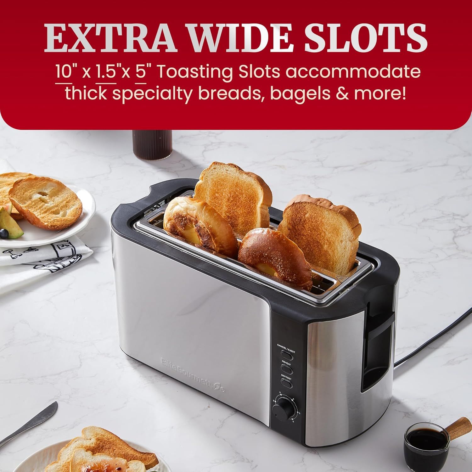 Communicates the toaster's extra-wide slot dimensions to reassure shoppers that it can accommodate thick specialty breads, bagels, and other oversized items. Highlights the key benefit of extra-wide…