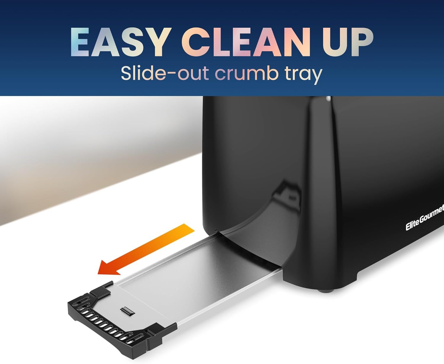 Highlights the convenience of the slide-out crumb tray feature, reassuring shoppers that cleanup is simple and hassle-free.